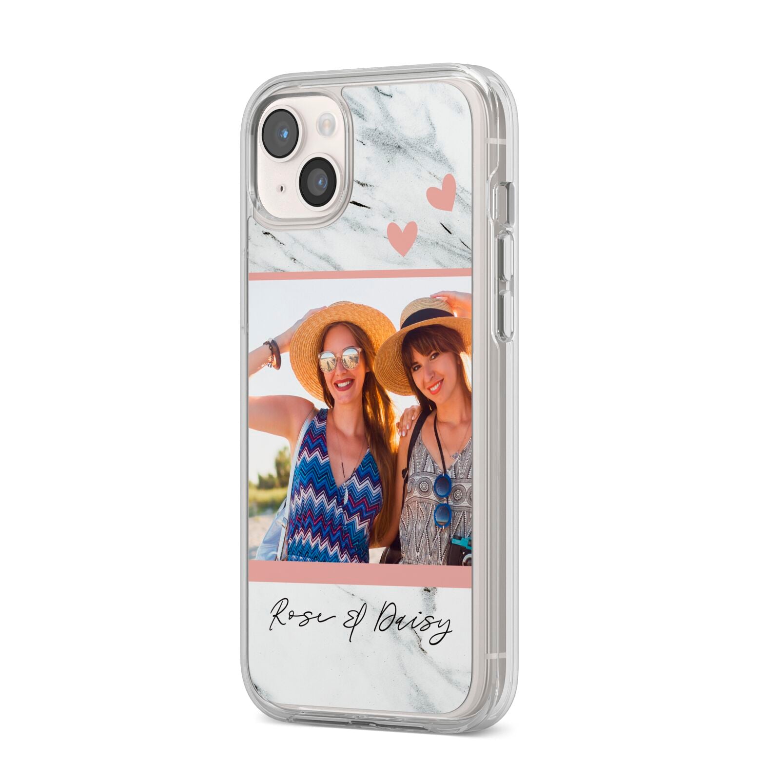 Marble Photo Upload with Text iPhone 14 Plus Clear Tough Case Starlight Angled Image