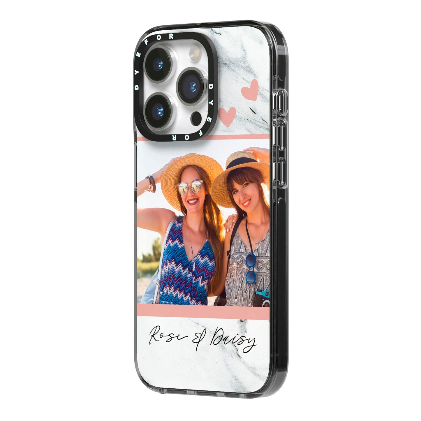 Marble Photo Upload with Text iPhone 14 Pro Black Impact Case Side Angle on Silver phone