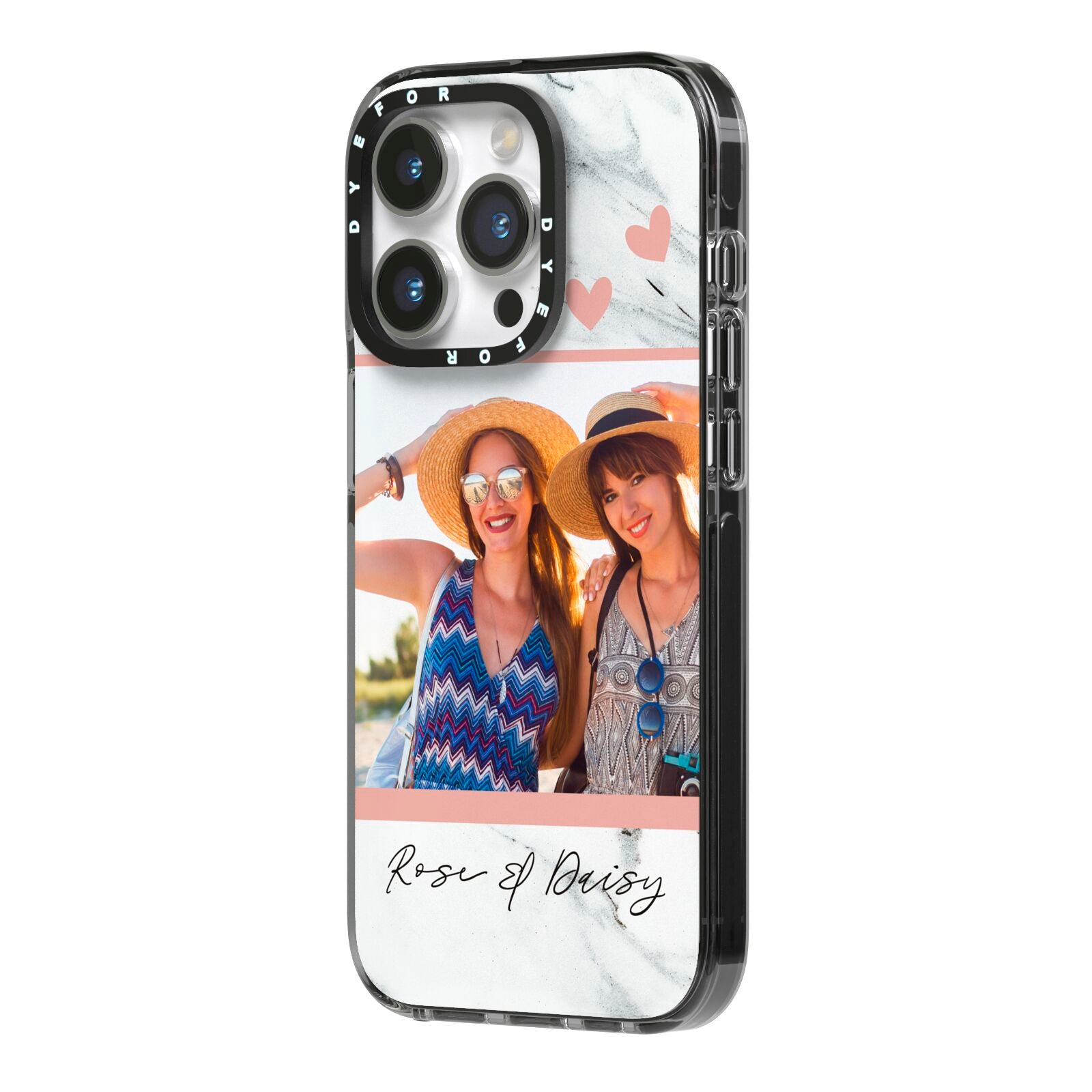 Marble Photo Upload with Text iPhone 14 Pro Black Impact Case Side Angle on Silver phone