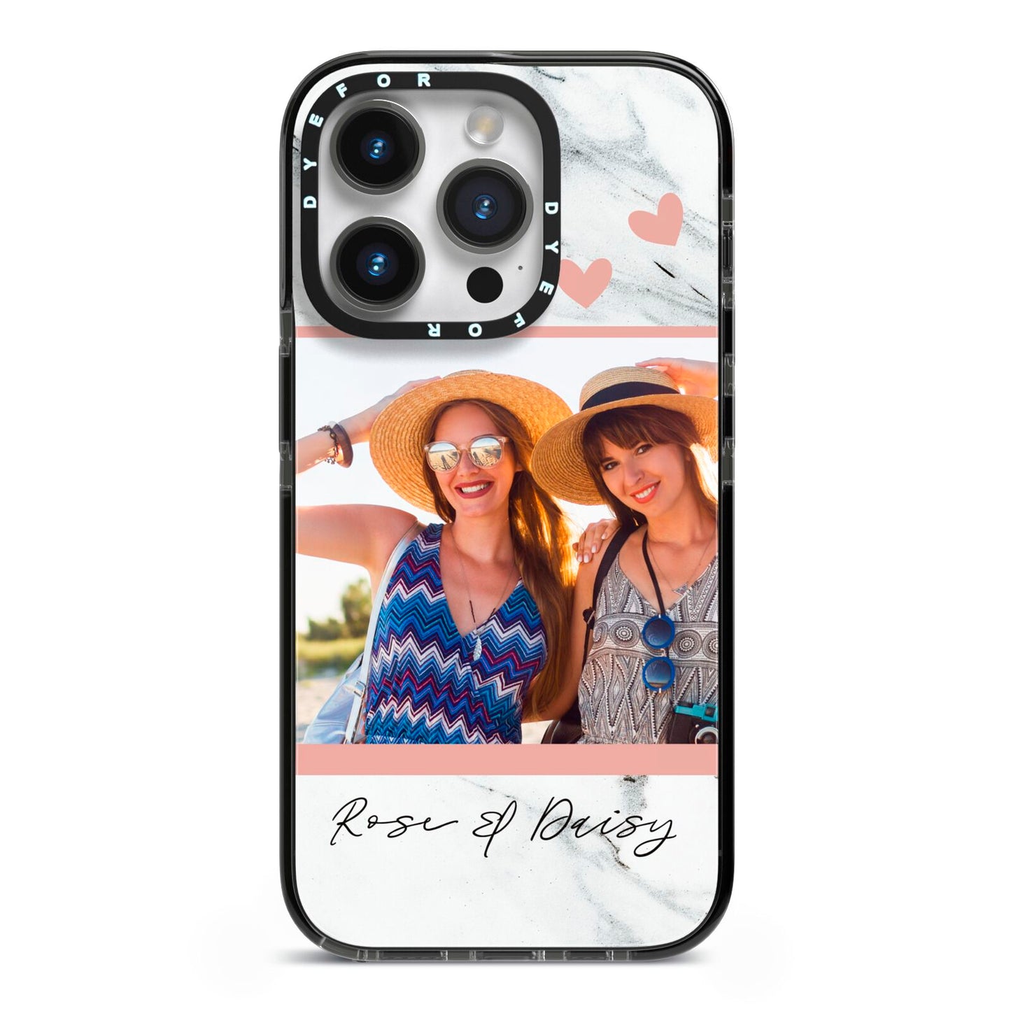 Marble Photo Upload with Text iPhone 14 Pro Black Impact Case on Silver phone