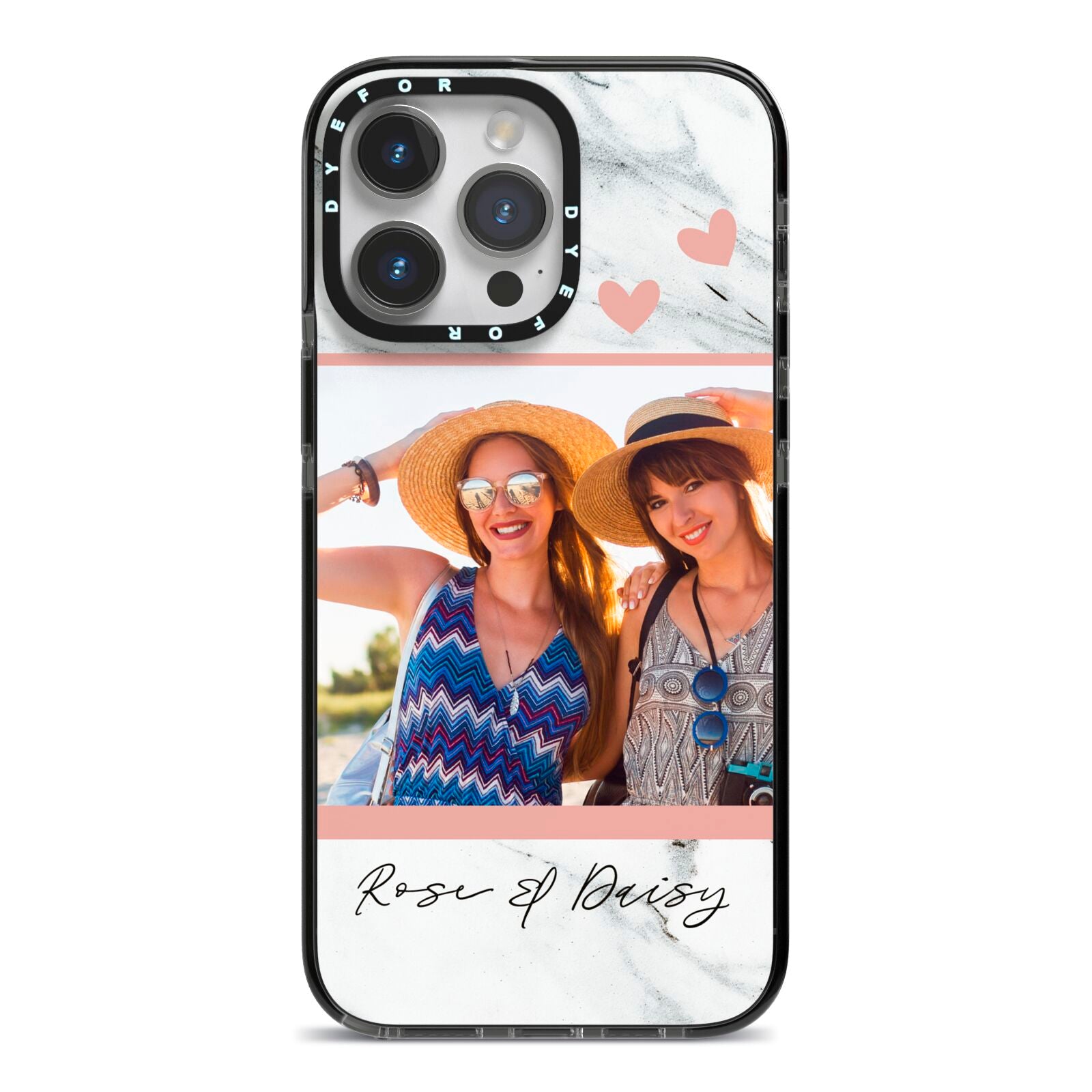 Marble Photo Upload with Text iPhone 14 Pro Max Black Impact Case on Silver phone