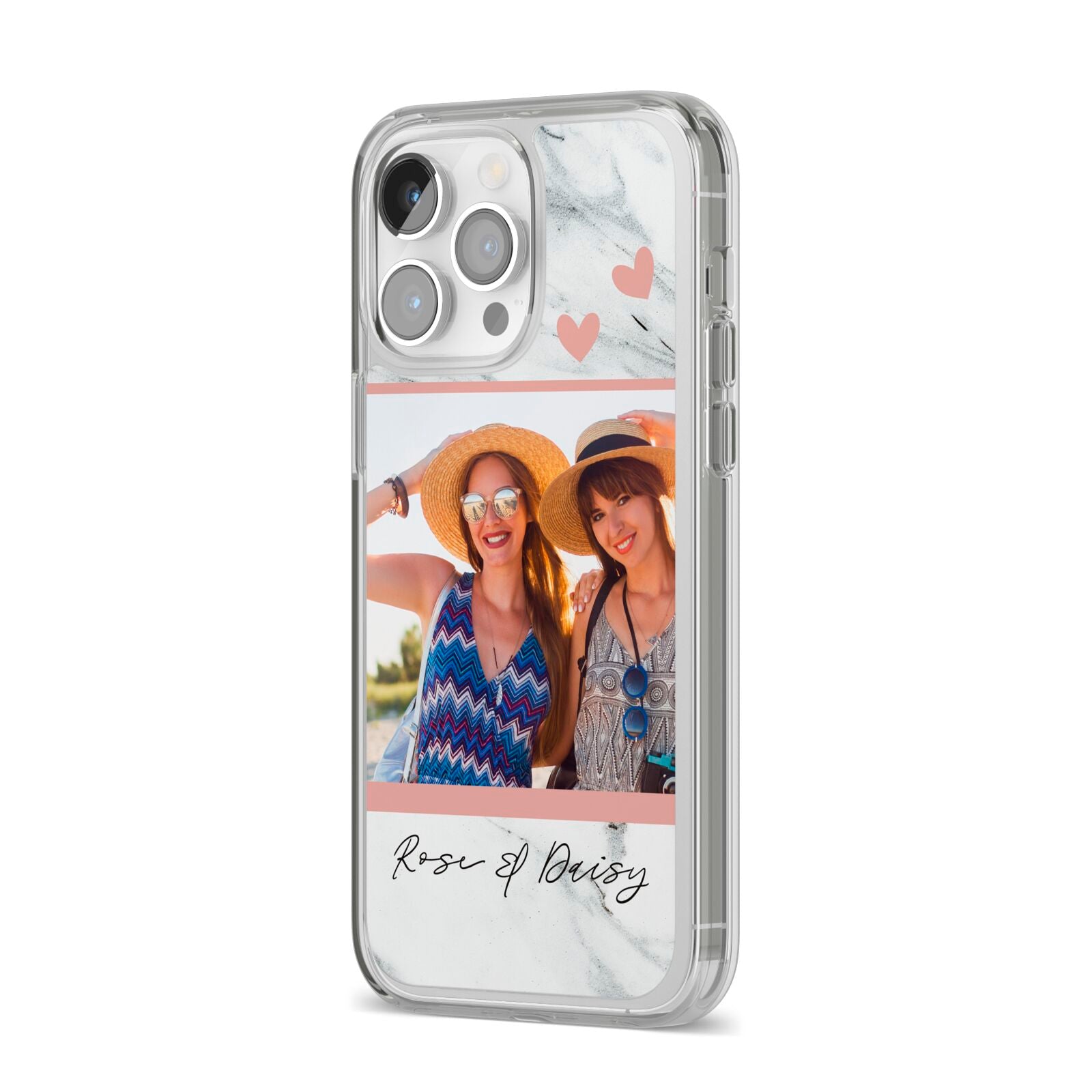 Marble Photo Upload with Text iPhone 14 Pro Max Clear Tough Case Silver Angled Image