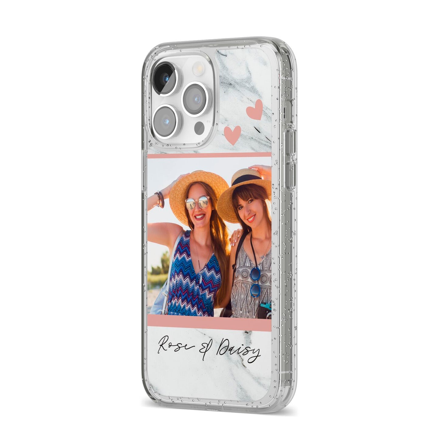 Marble Photo Upload with Text iPhone 14 Pro Max Glitter Tough Case Silver Angled Image