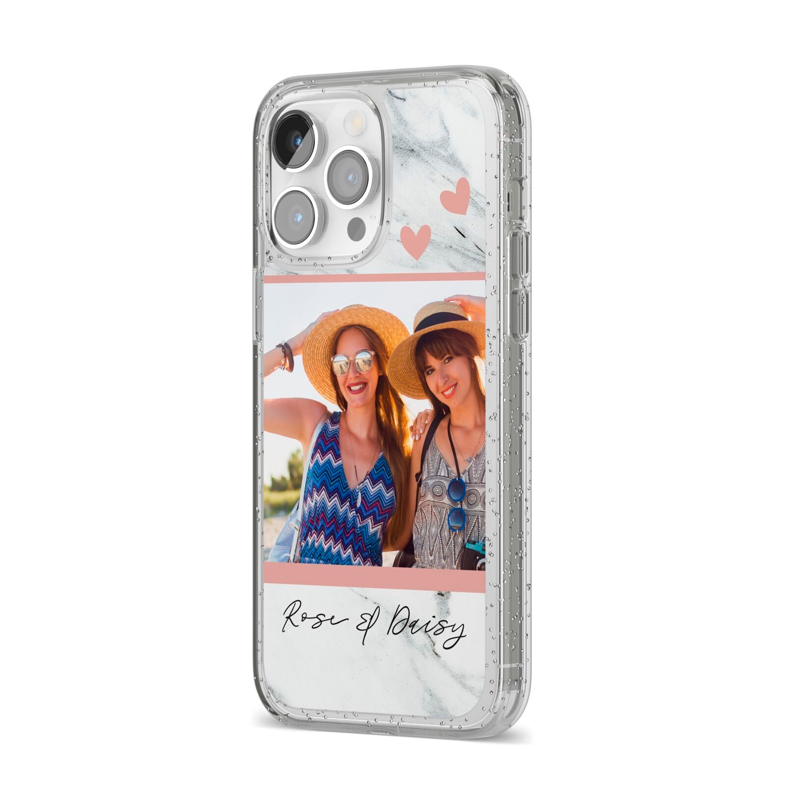 Marble Photo Upload with Text iPhone 14 Pro Max Glitter Tough Case Silver Angled Image