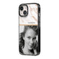 Marble Photo iPhone 14 Black Impact Case Side Angle on Silver phone