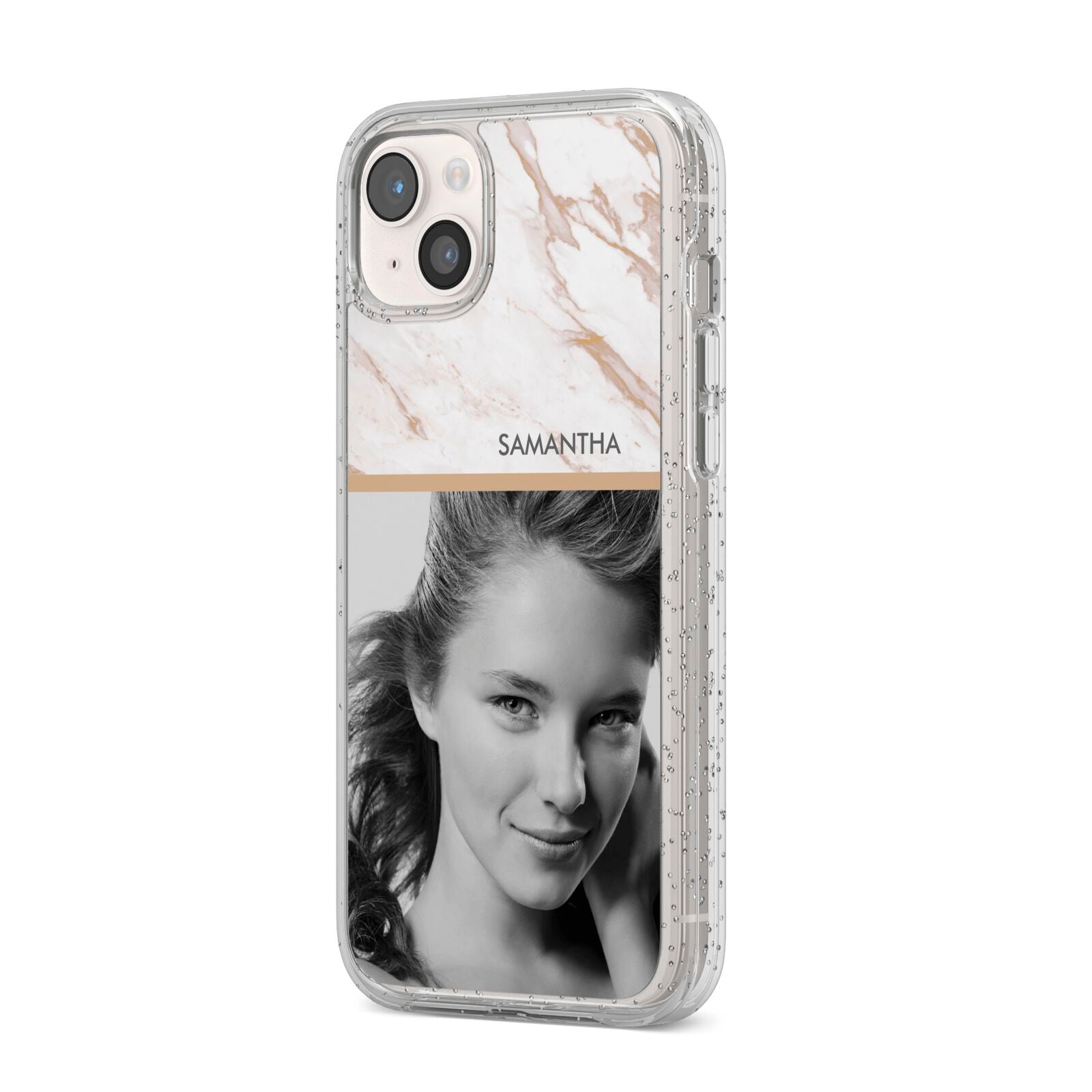 Marble Photo iPhone 14 Plus Glitter Tough Case Starlight Angled Image