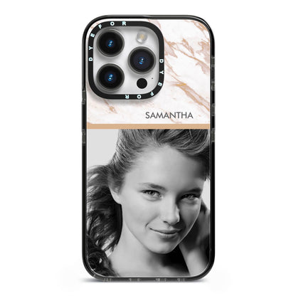 Marble Photo iPhone 14 Pro Black Impact Case on Silver phone