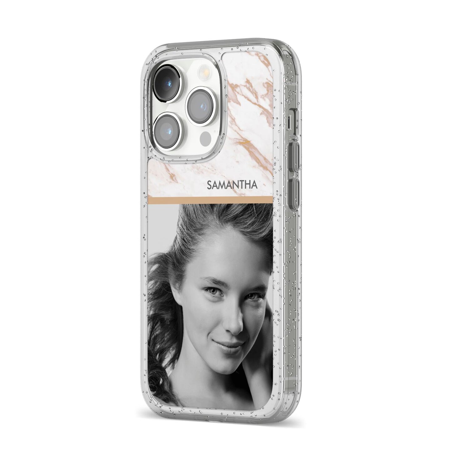 Marble Photo iPhone 14 Pro Glitter Tough Case Silver Angled Image