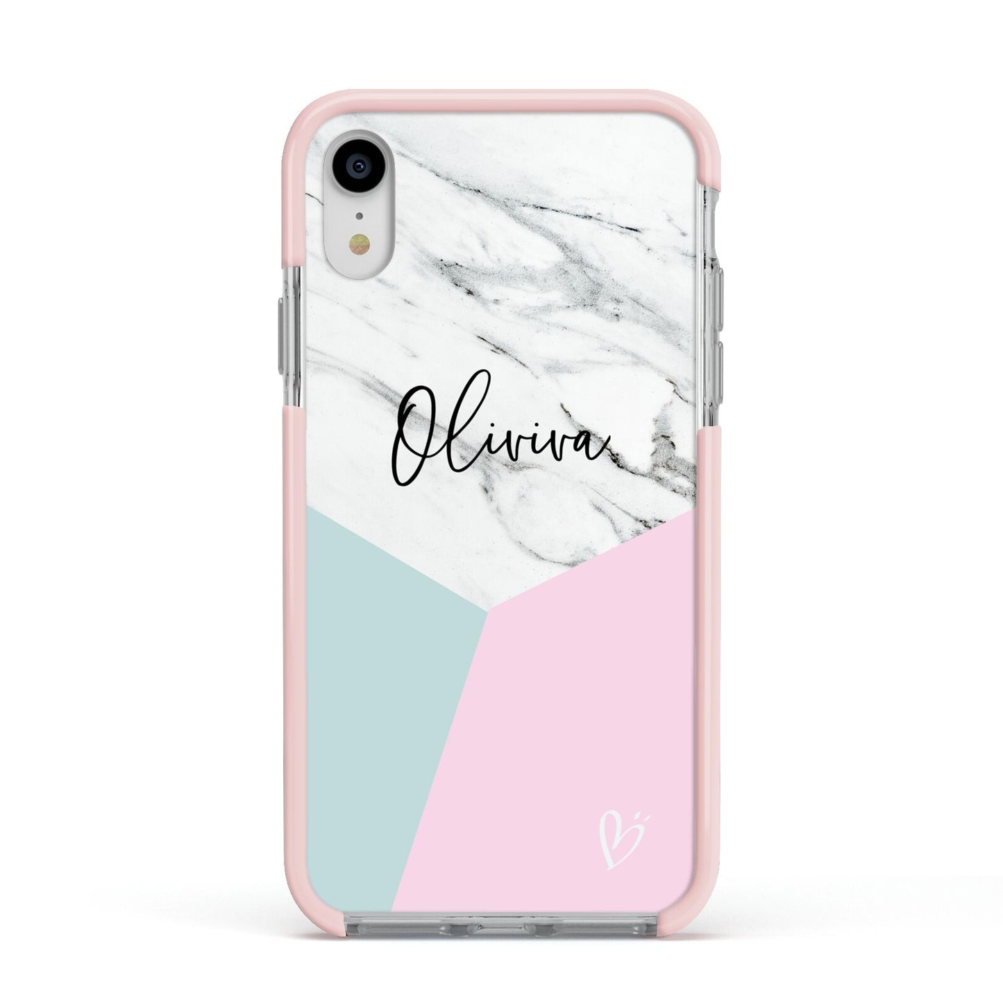 Marble Pink Geometric Personalised Apple iPhone XR Impact Case Pink Edge on Silver Phone