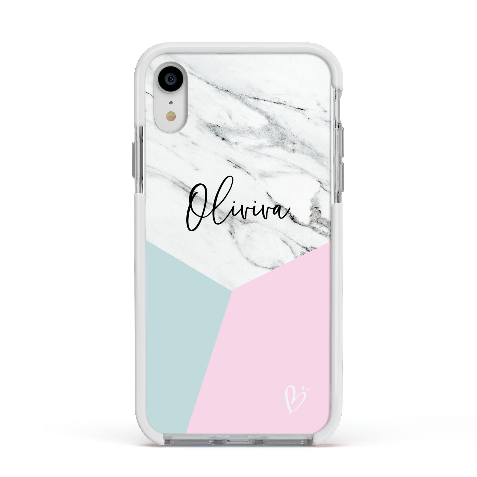 Marble Pink Geometric Personalised Apple iPhone XR Impact Case White Edge on Silver Phone