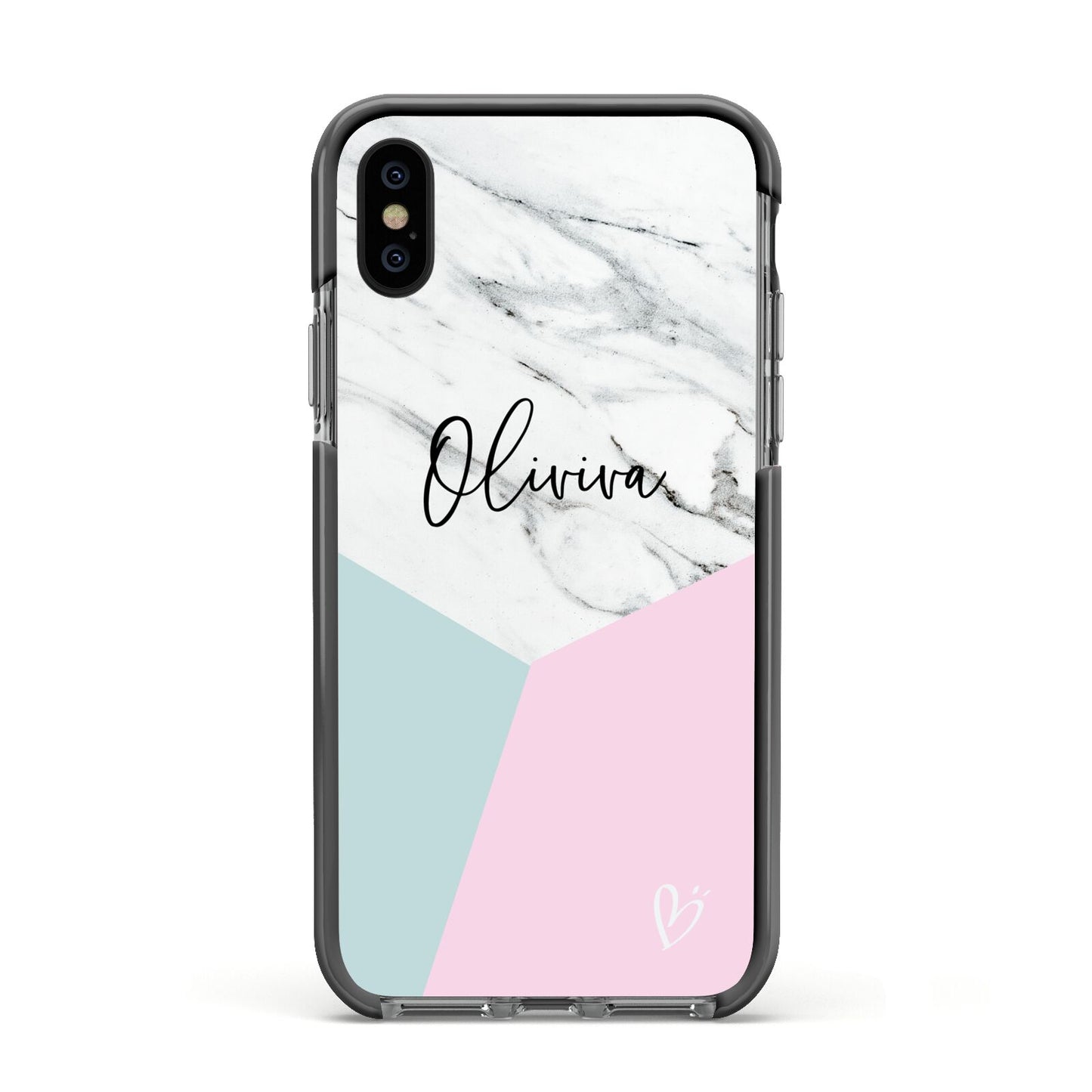 Marble Pink Geometric Personalised Apple iPhone Xs Impact Case Black Edge on Black Phone