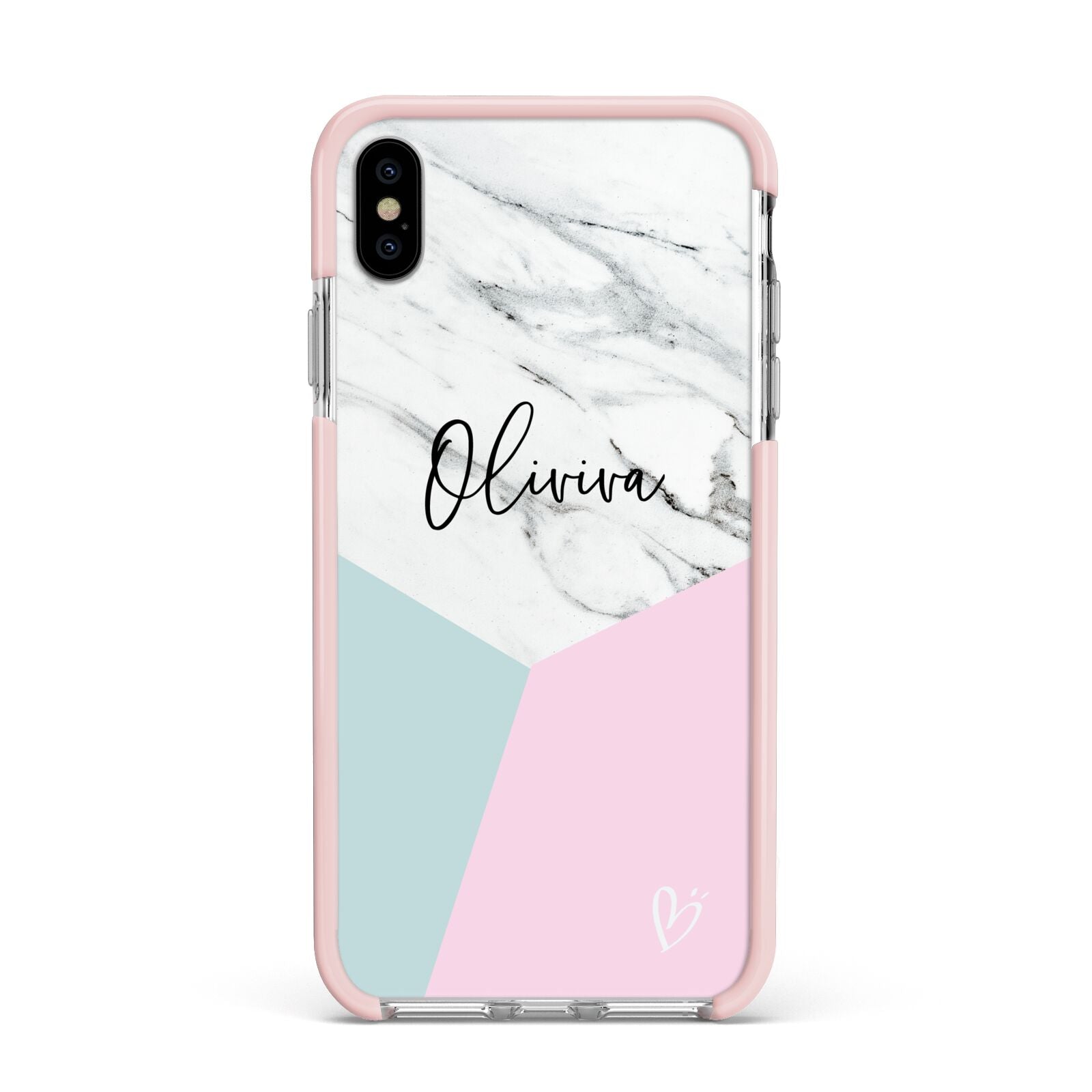 Marble Pink Geometric Personalised Apple iPhone Xs Max Impact Case Pink Edge on Silver Phone