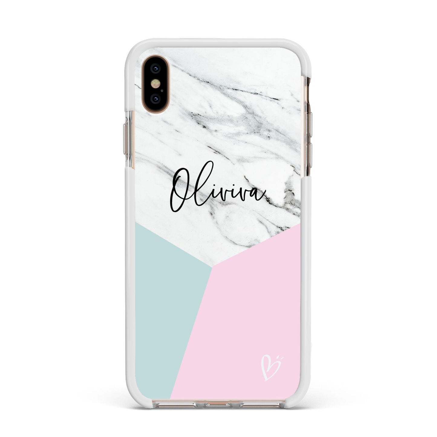 Marble Pink Geometric Personalised Apple iPhone Xs Max Impact Case White Edge on Gold Phone