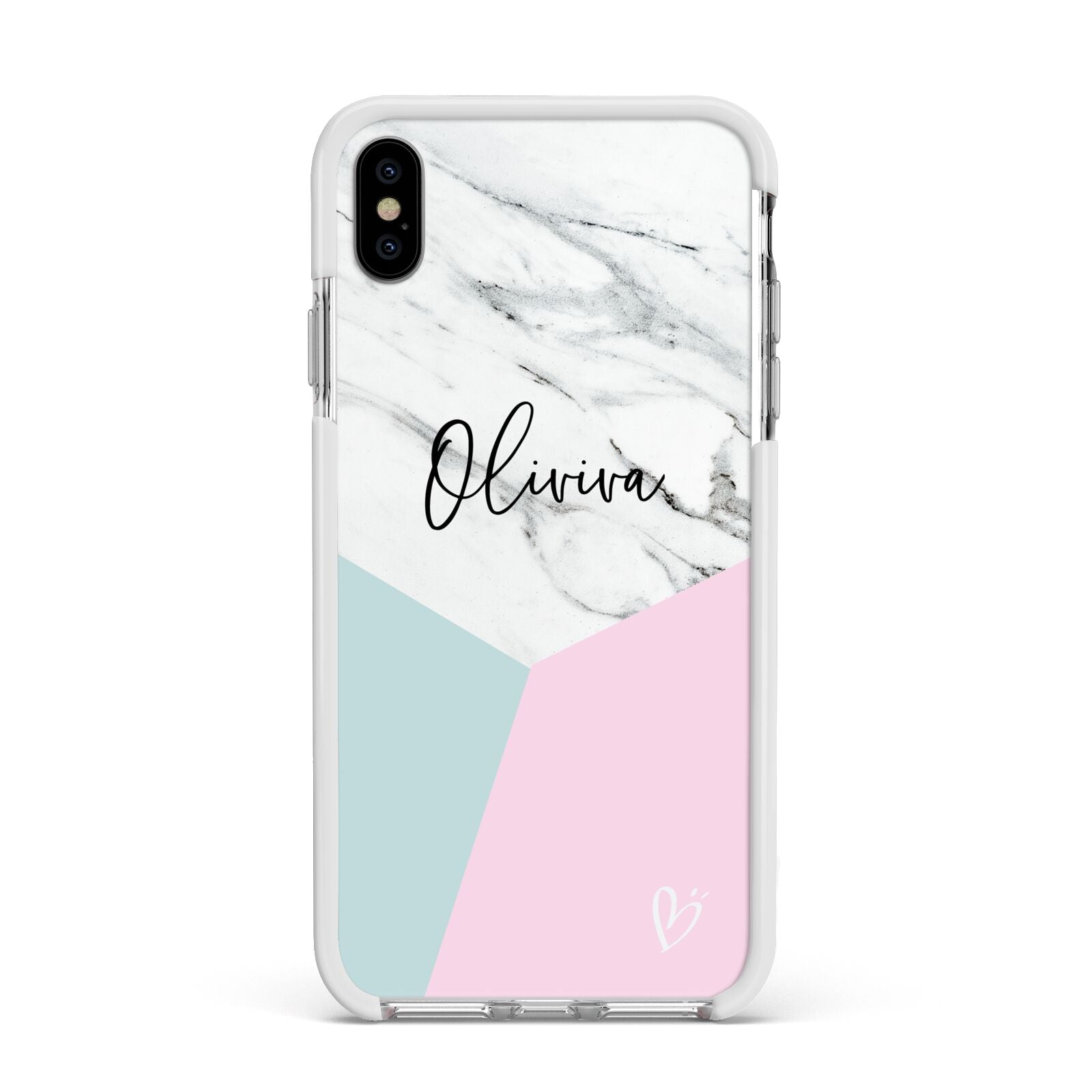Marble Pink Geometric Personalised Apple iPhone Xs Max Impact Case White Edge on Silver Phone