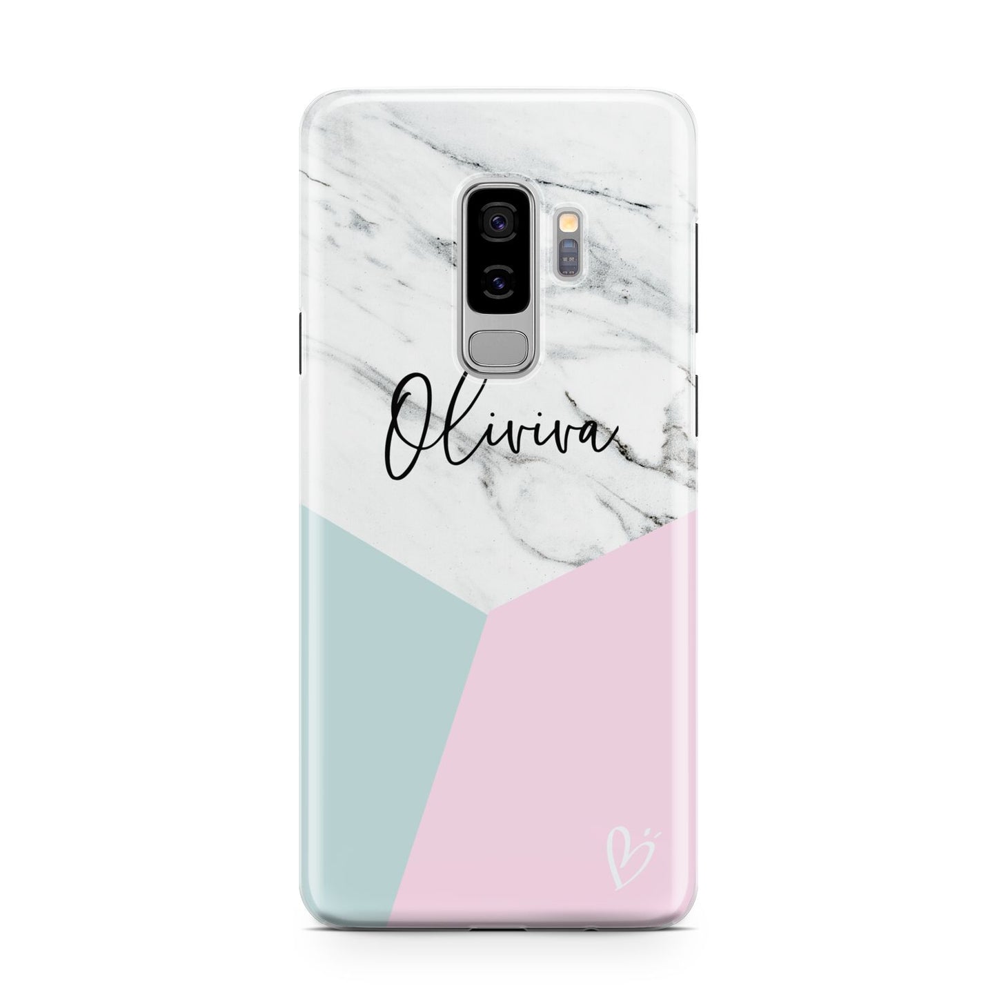 Marble Pink Geometric Personalised Samsung Galaxy S9 Plus Case on Silver phone