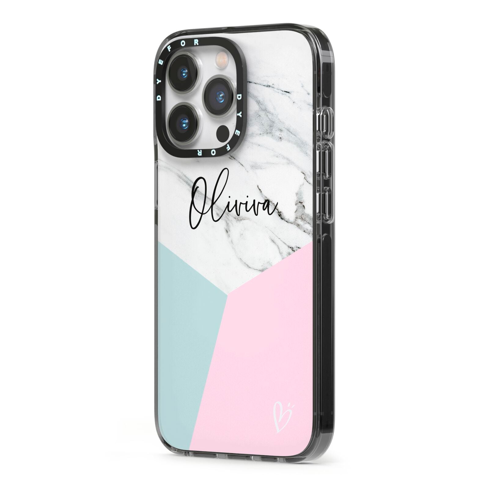 Marble Pink Geometric Personalised iPhone 13 Pro Black Impact Case Side Angle on Silver phone