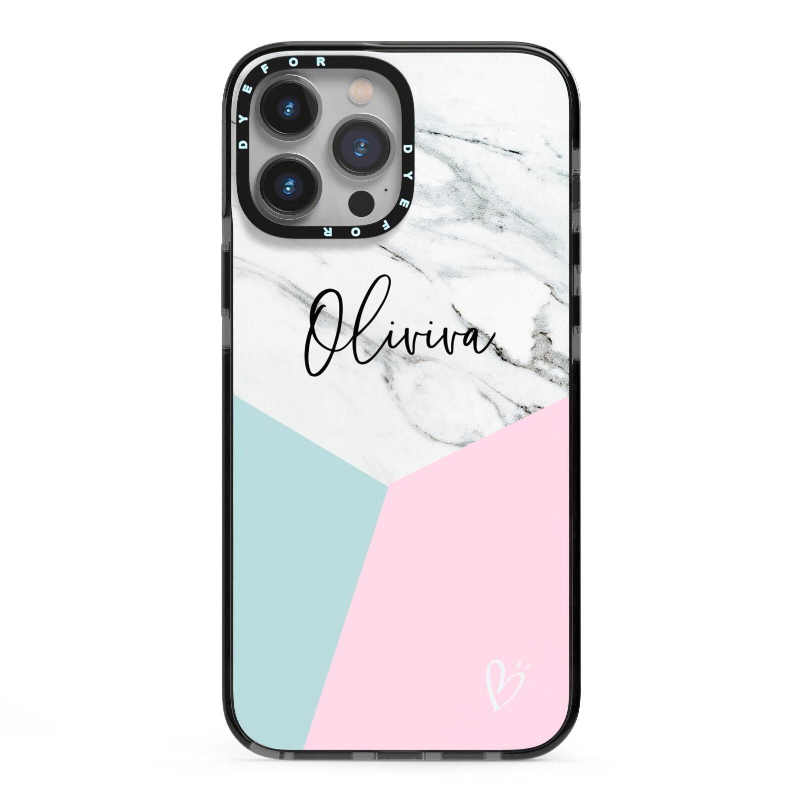 Marble Pink Geometric Personalised iPhone 13 Pro Max Black Impact Case on Silver phone