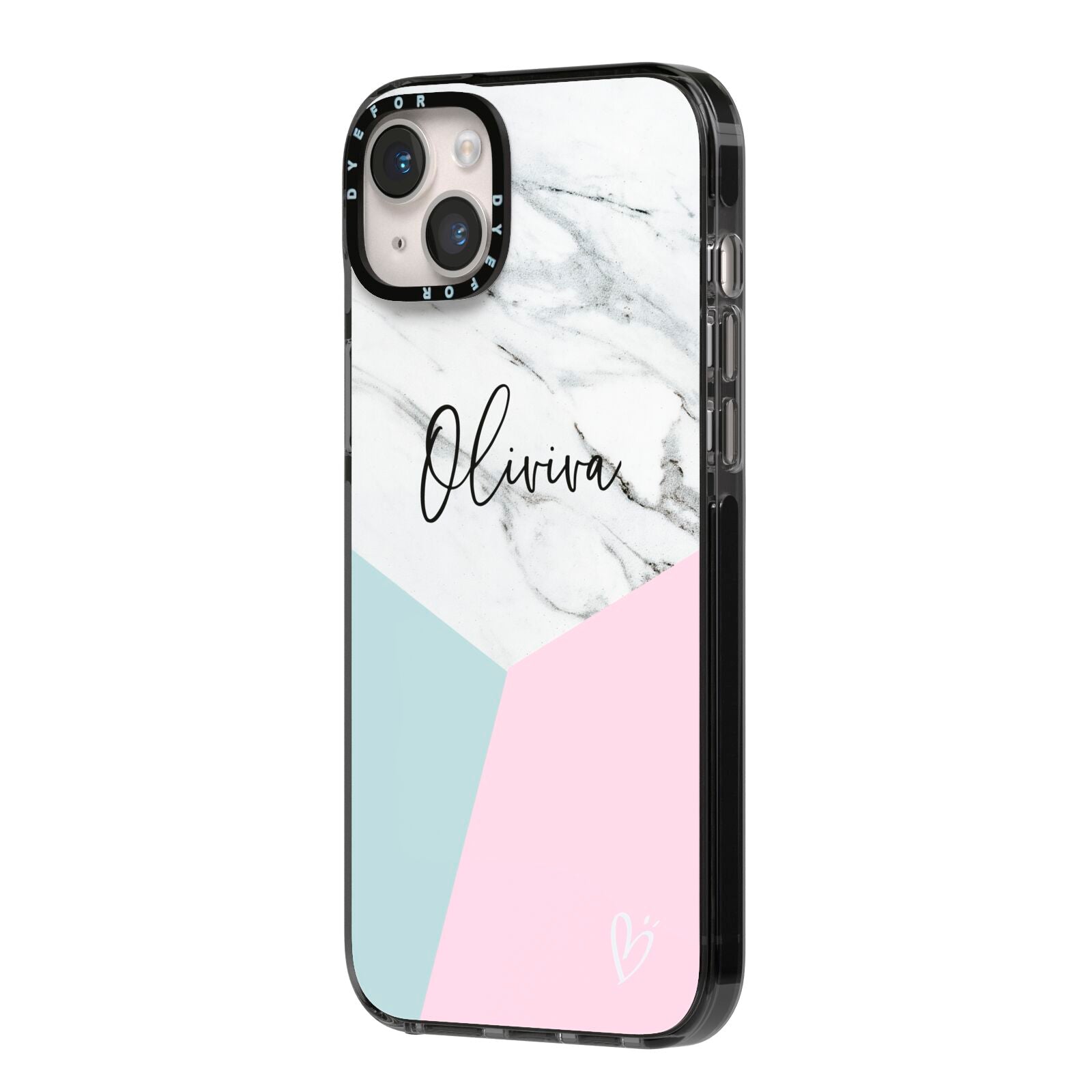 Marble Pink Geometric Personalised iPhone 14 Plus Black Impact Case Side Angle on Silver phone