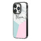 Marble Pink Geometric Personalised iPhone 14 Pro Black Impact Case Side Angle on Silver phone