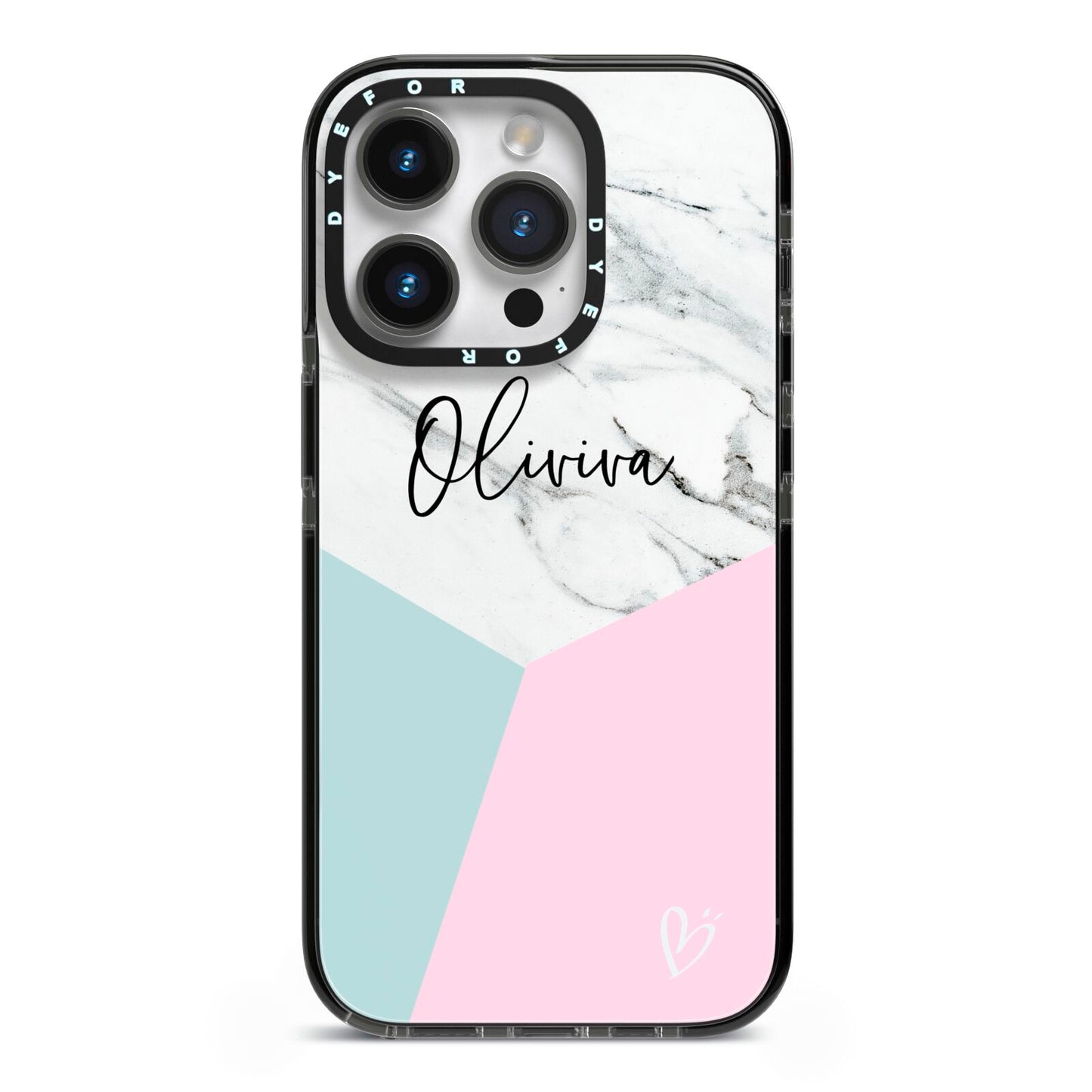 Marble Pink Geometric Personalised iPhone 14 Pro Black Impact Case on Silver phone