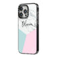 Marble Pink Geometric Personalised iPhone 14 Pro Max Black Impact Case Side Angle on Silver phone