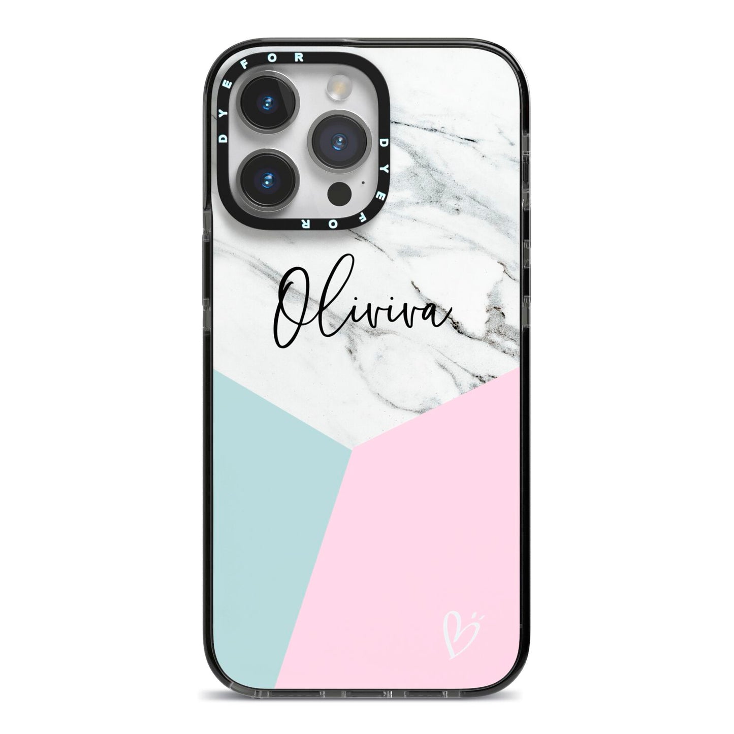 Marble Pink Geometric Personalised iPhone 14 Pro Max Black Impact Case on Silver phone