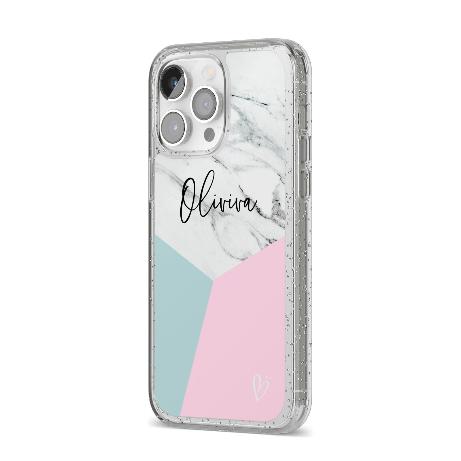 Marble Pink Geometric Personalised iPhone 14 Pro Max Glitter Tough Case Silver Angled Image