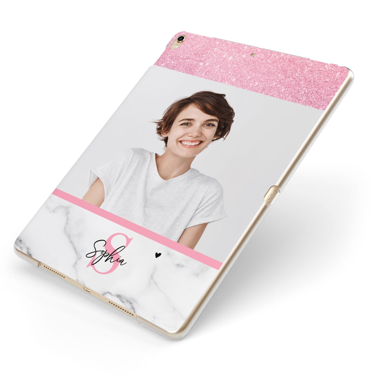 Marble Pink Glitter Photo Custom Apple iPad Case on Gold iPad Side View