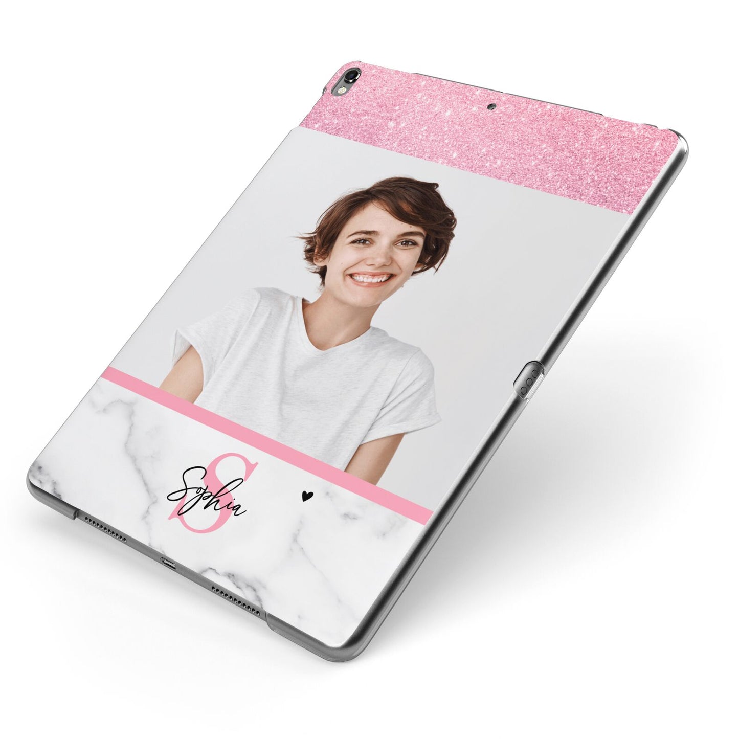 Marble Pink Glitter Photo Custom Apple iPad Case on Grey iPad Side View