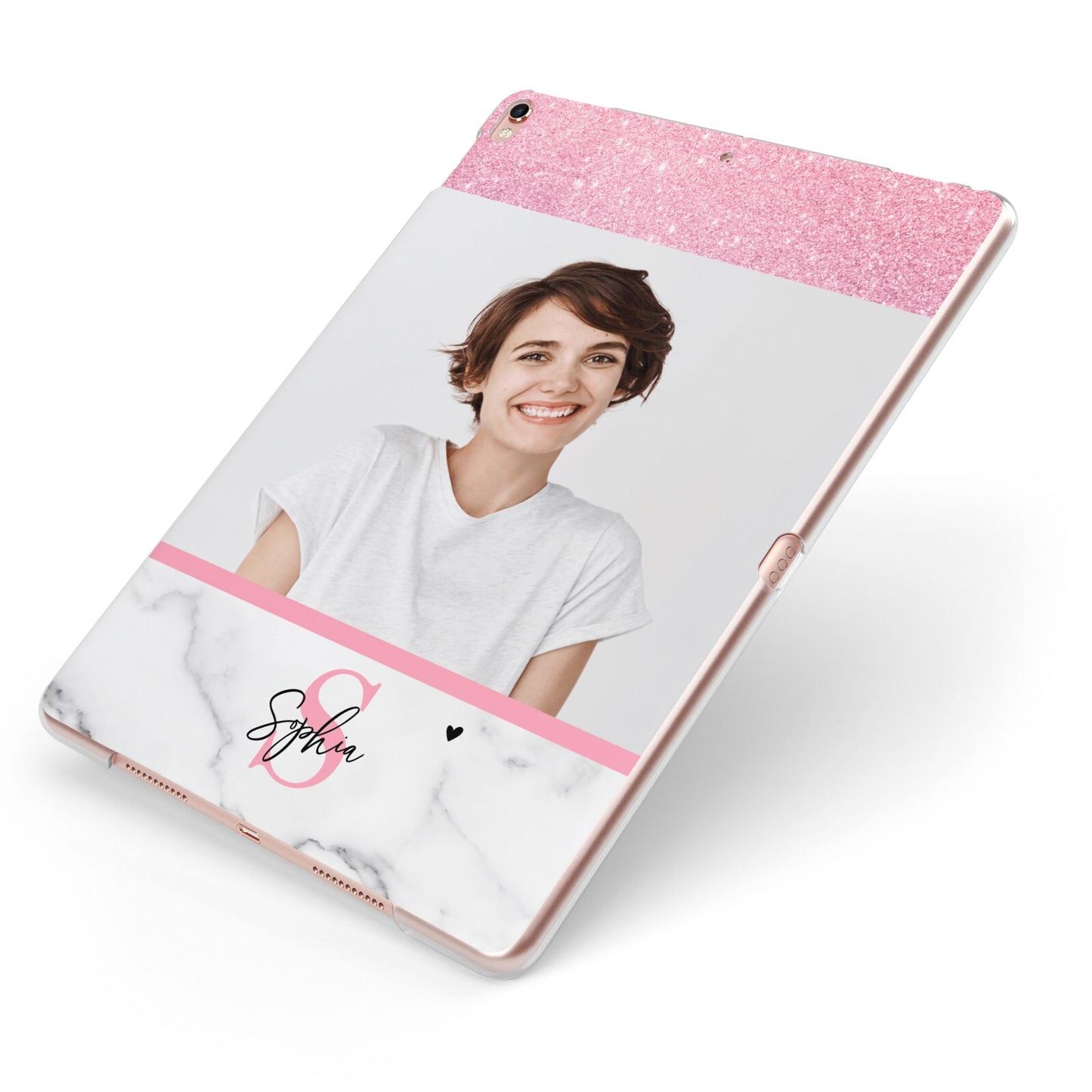 Marble Pink Glitter Photo Custom Apple iPad Case on Rose Gold iPad Side View
