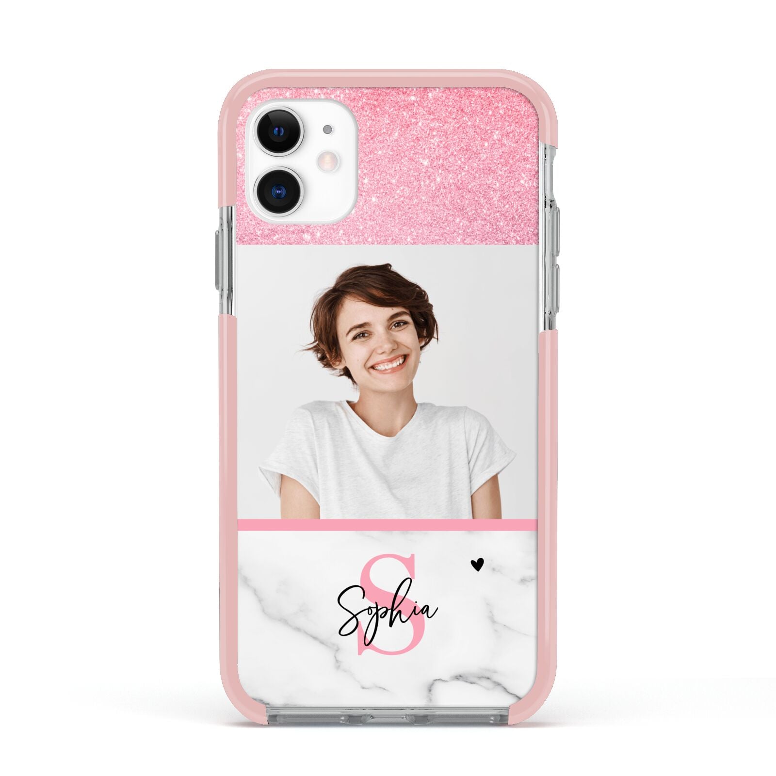 Marble Pink Glitter Photo Custom Apple iPhone 11 in White with Pink Impact Case