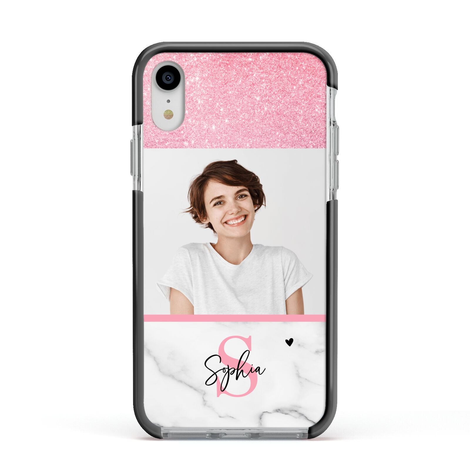 Marble Pink Glitter Photo Custom Apple iPhone XR Impact Case Black Edge on Silver Phone