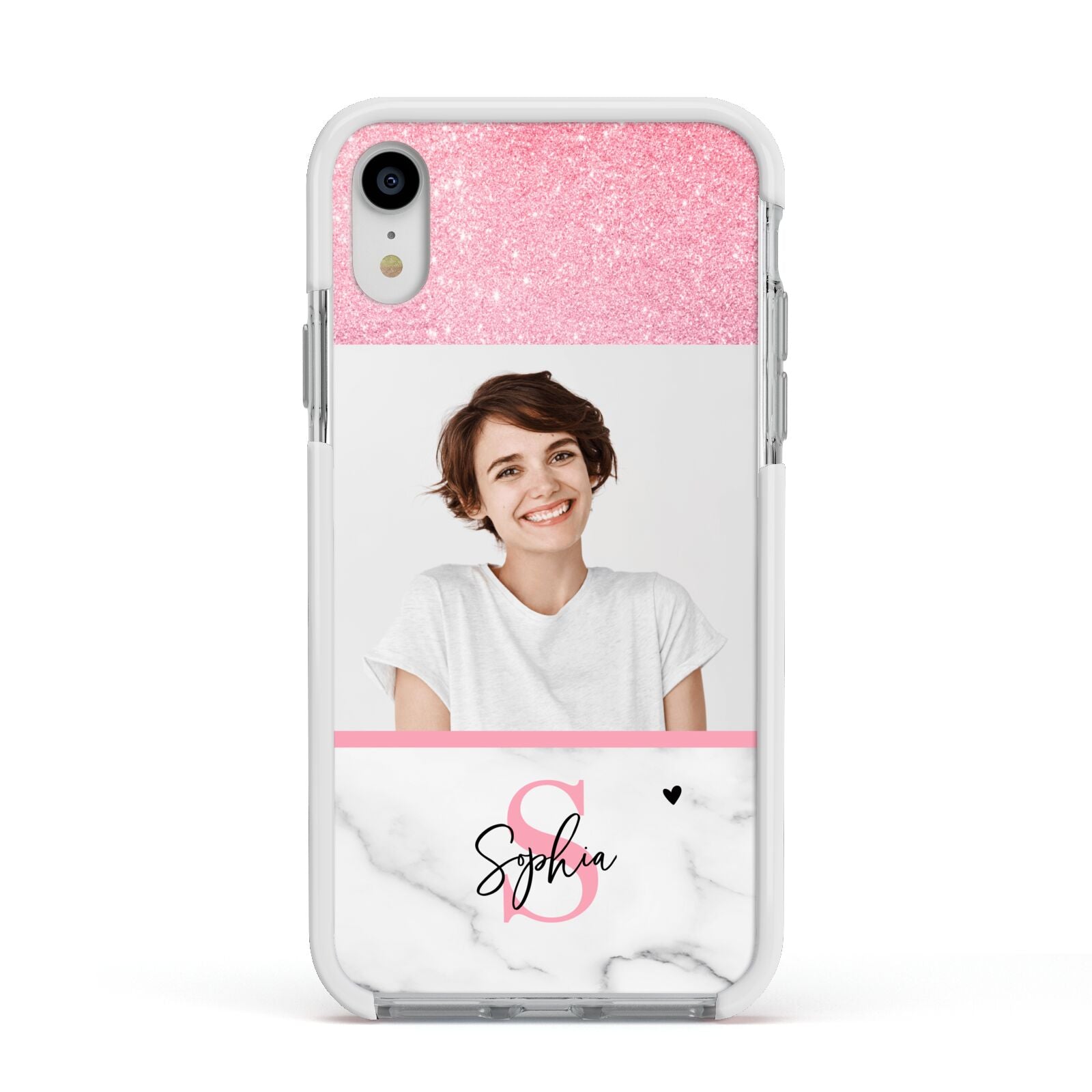 Marble Pink Glitter Photo Custom Apple iPhone XR Impact Case White Edge on Silver Phone