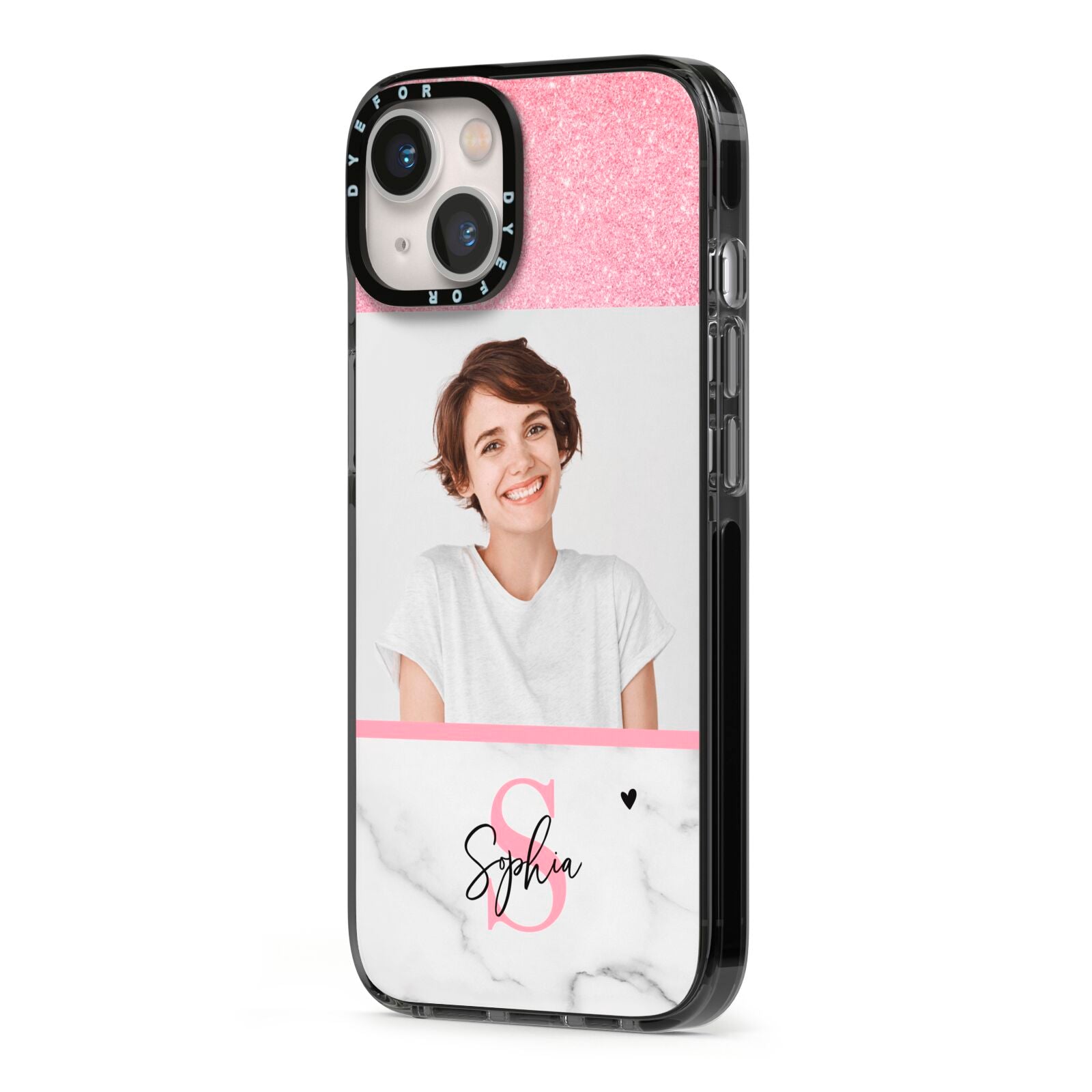 Marble Pink Glitter Photo Custom iPhone 13 Black Impact Case Side Angle on Silver phone