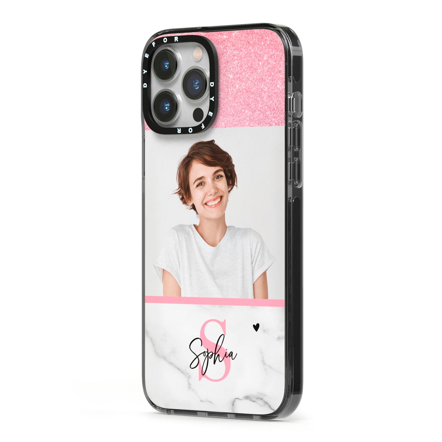 Marble Pink Glitter Photo Custom iPhone 13 Pro Max Black Impact Case Side Angle on Silver phone