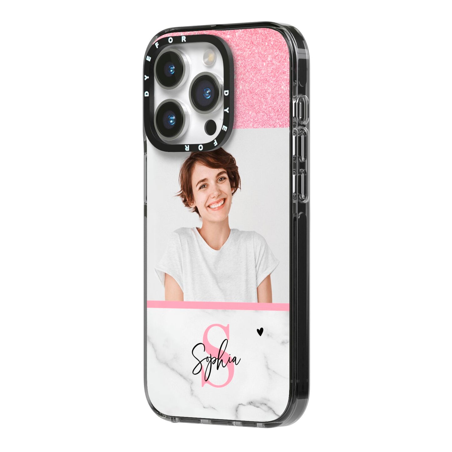 Marble Pink Glitter Photo Custom iPhone 14 Pro Black Impact Case Side Angle on Silver phone