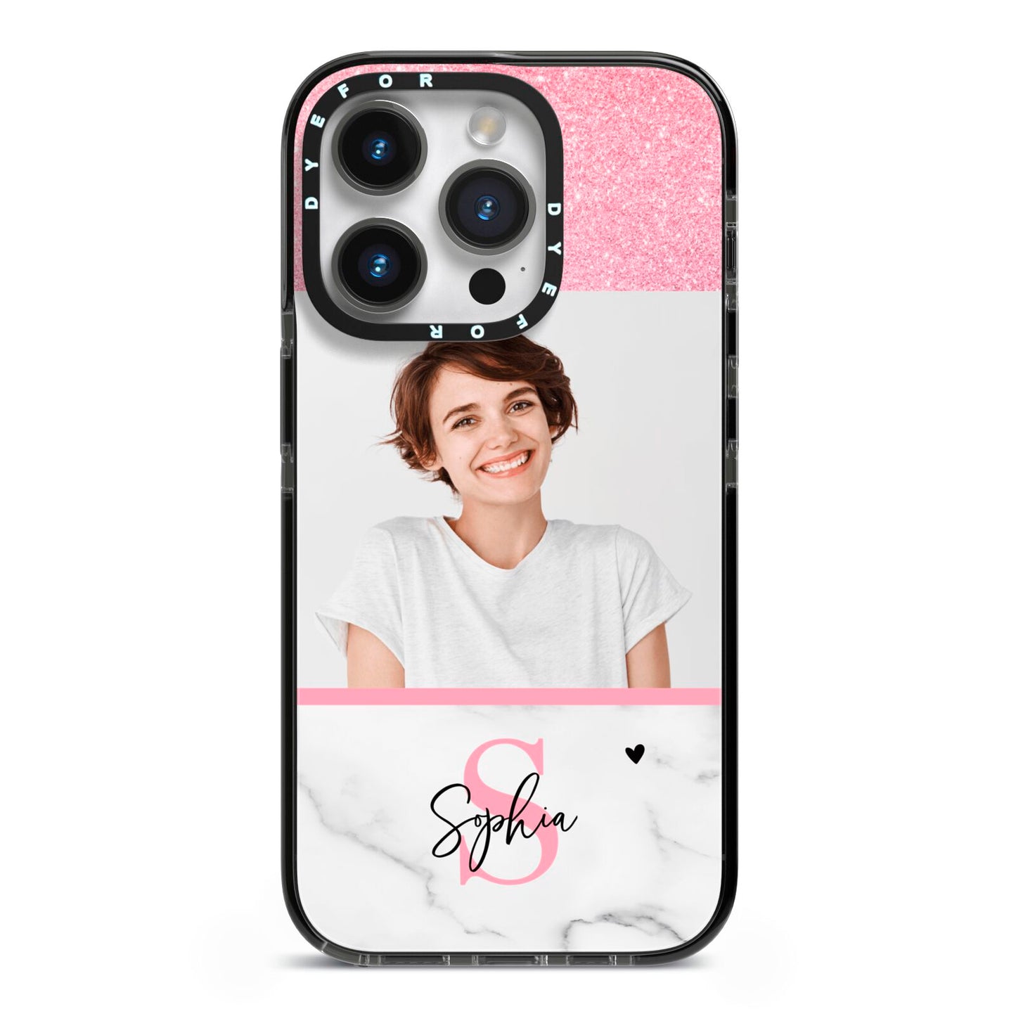 Marble Pink Glitter Photo Custom iPhone 14 Pro Black Impact Case on Silver phone