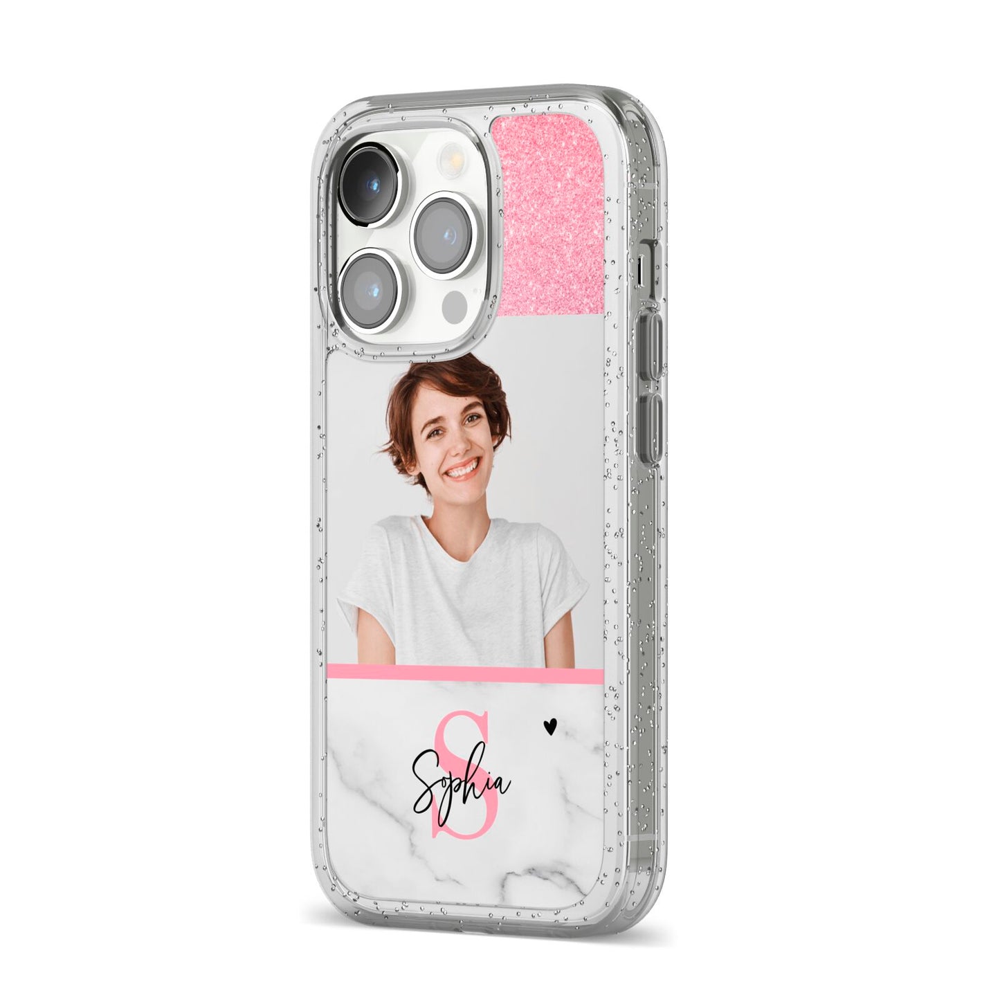 Marble Pink Glitter Photo Custom iPhone 14 Pro Glitter Tough Case Silver Angled Image
