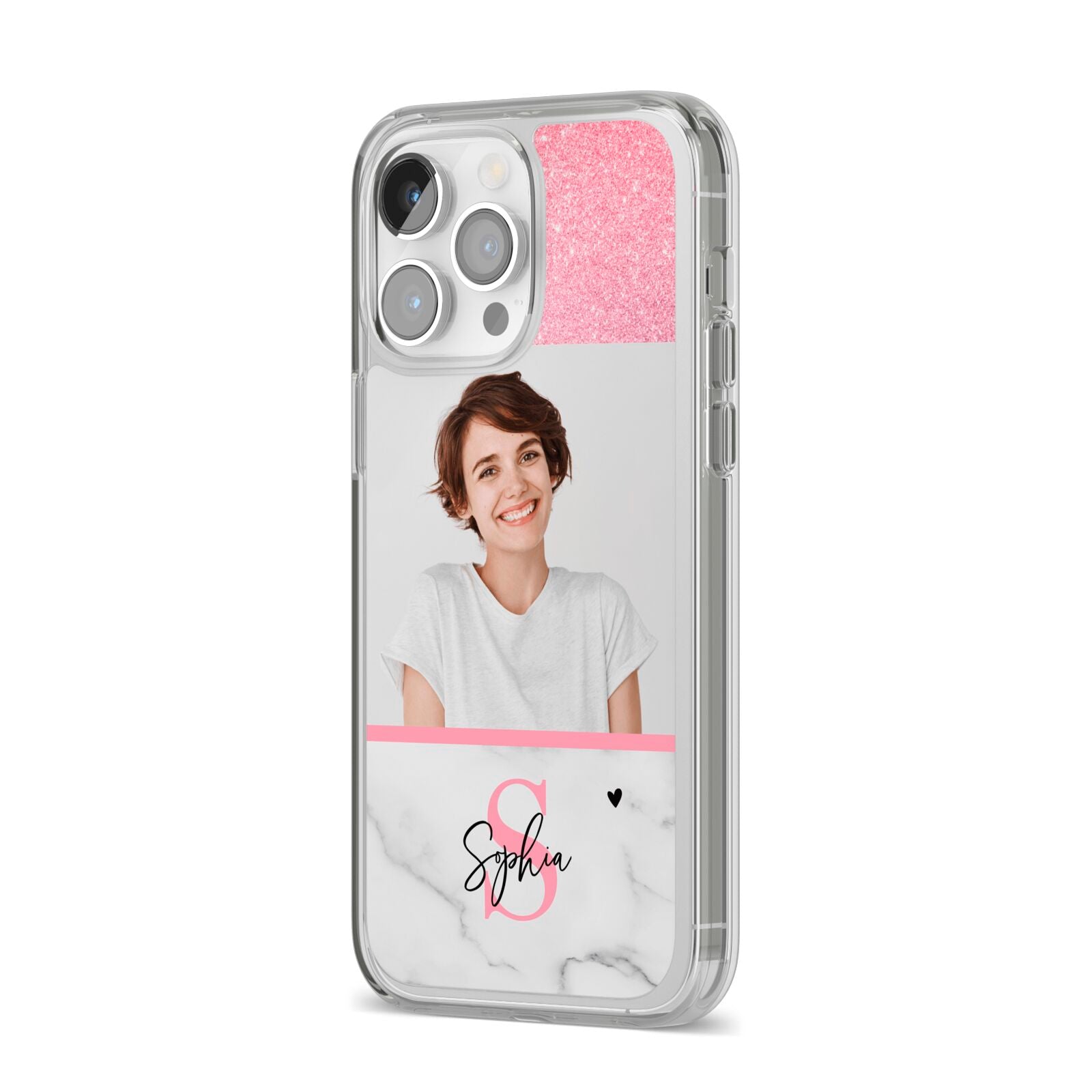 Marble Pink Glitter Photo Custom iPhone 14 Pro Max Clear Tough Case Silver Angled Image