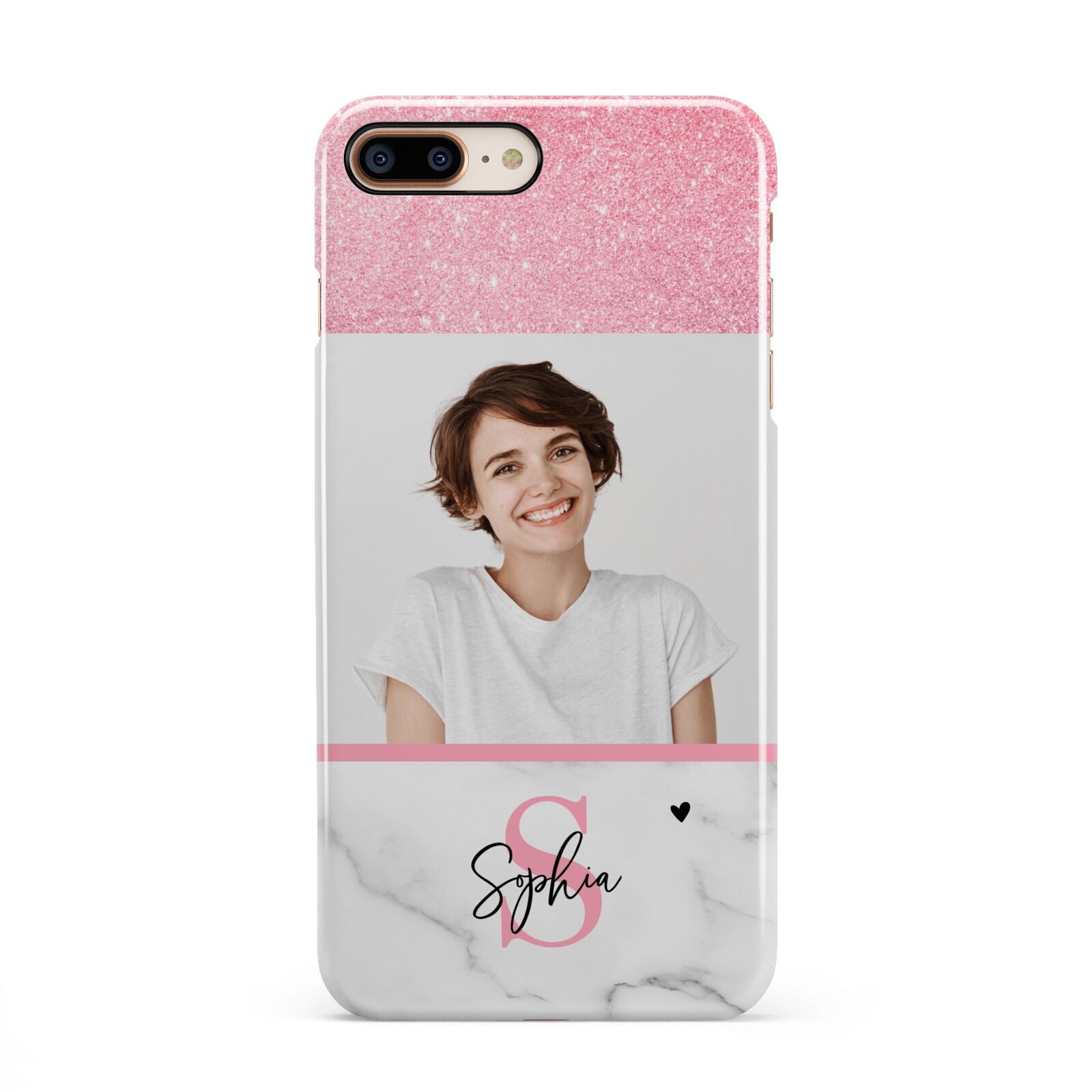Marble Pink Glitter Photo Custom iPhone 8 Plus 3D Snap Case on Gold Phone