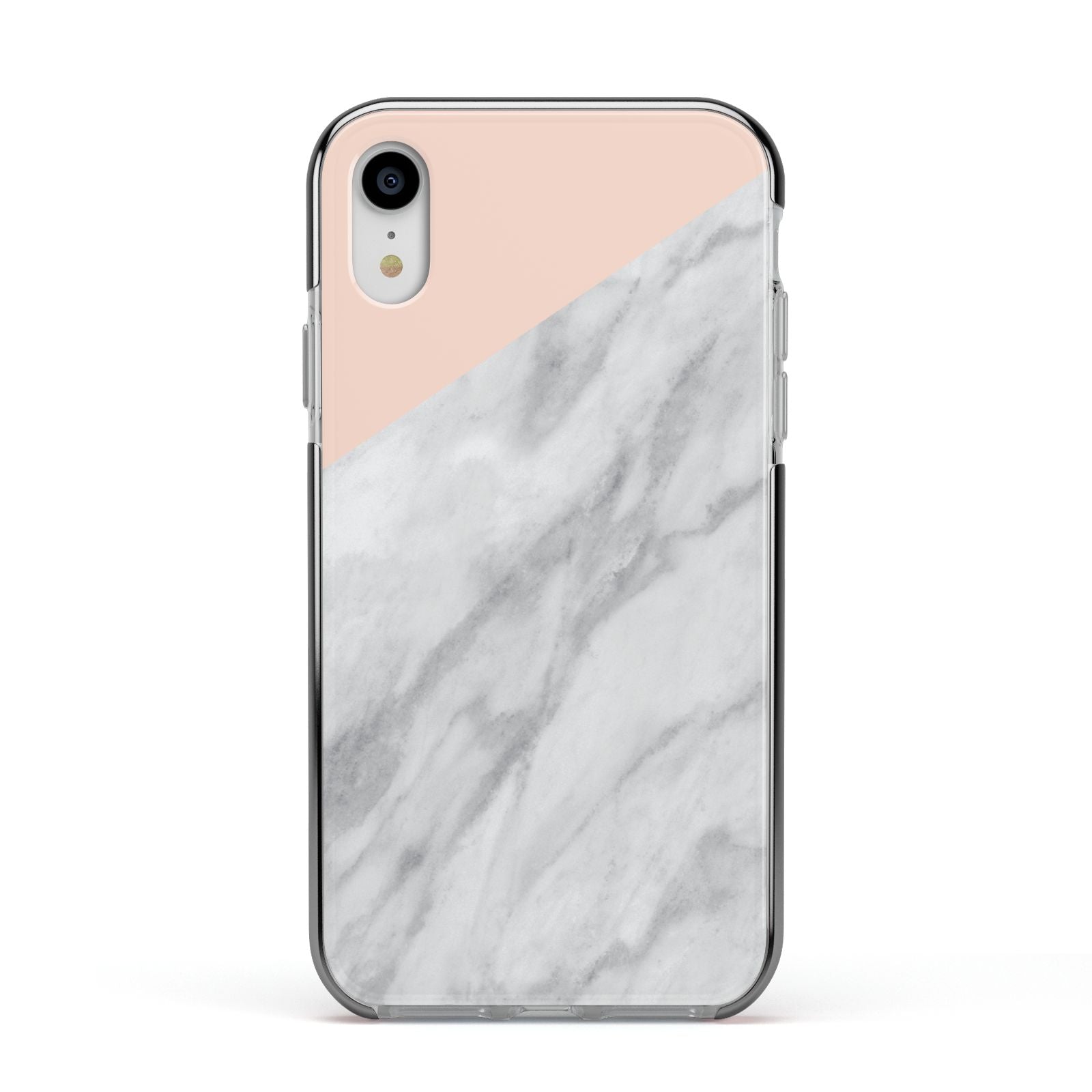 Marble Pink White Grey Apple iPhone XR Impact Case Black Edge on Silver Phone