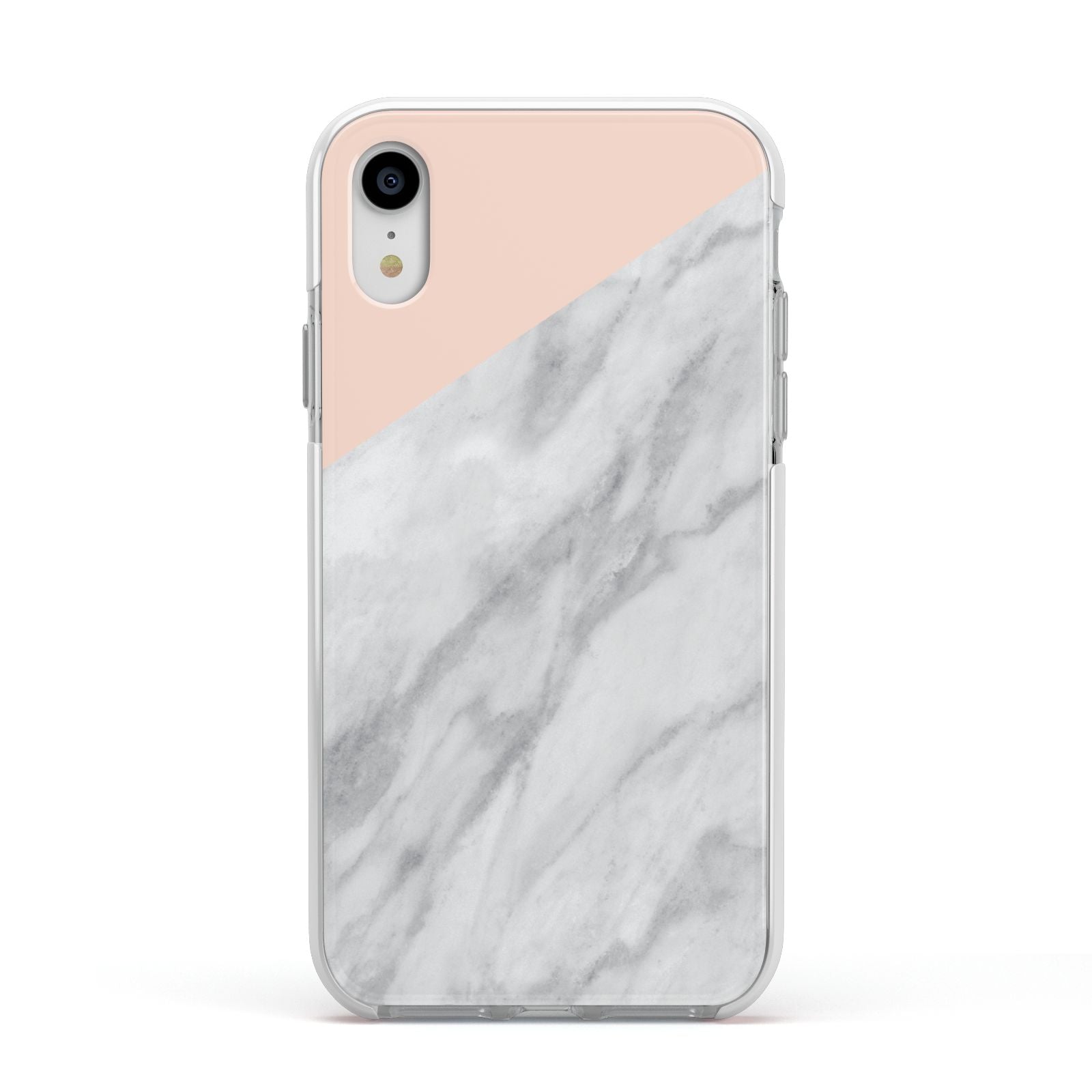 Marble Pink White Grey Apple iPhone XR Impact Case White Edge on Silver Phone