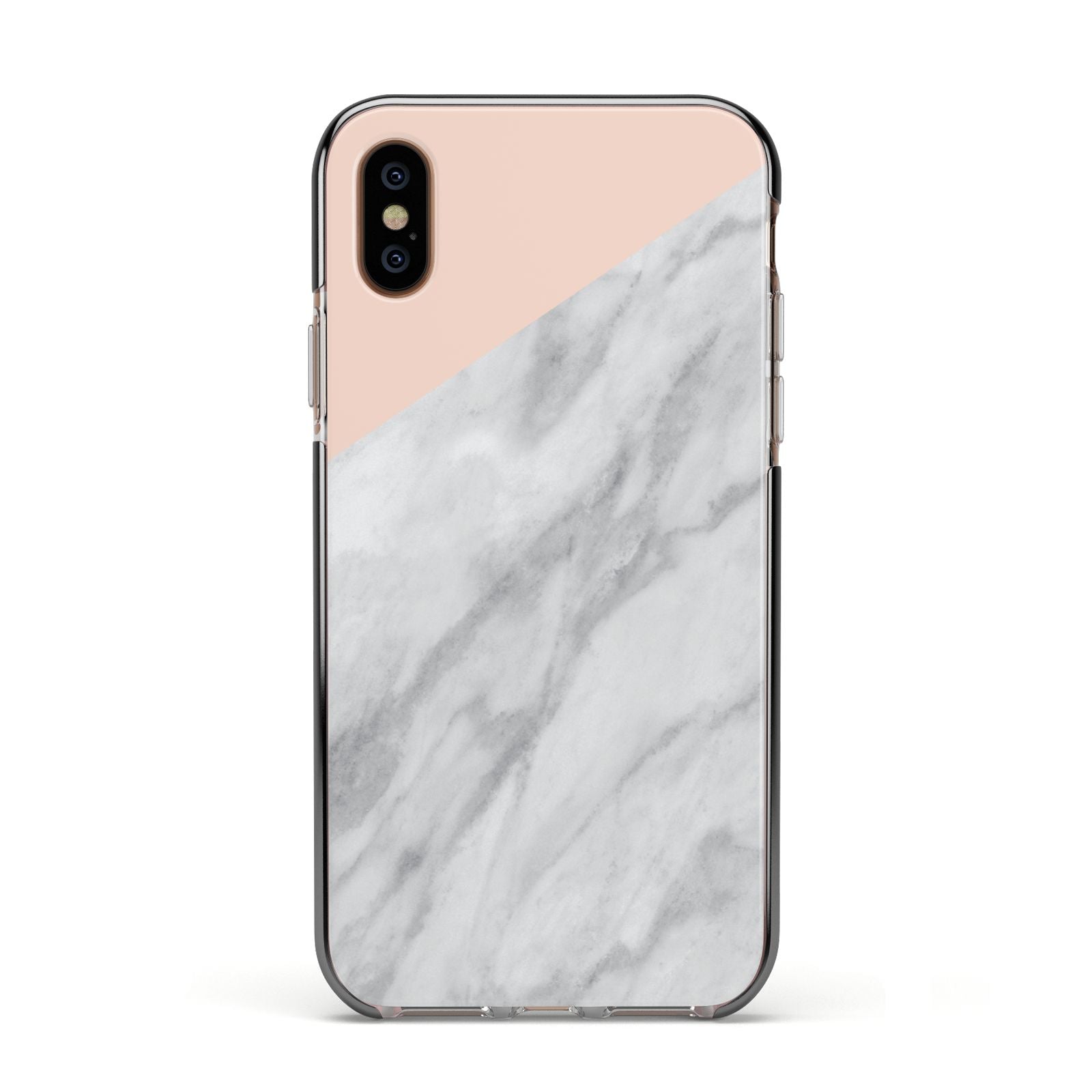 Marble Pink White Grey Apple iPhone Xs Impact Case Black Edge on Gold Phone