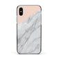 Marble Pink White Grey Apple iPhone Xs Impact Case Black Edge on Silver Phone