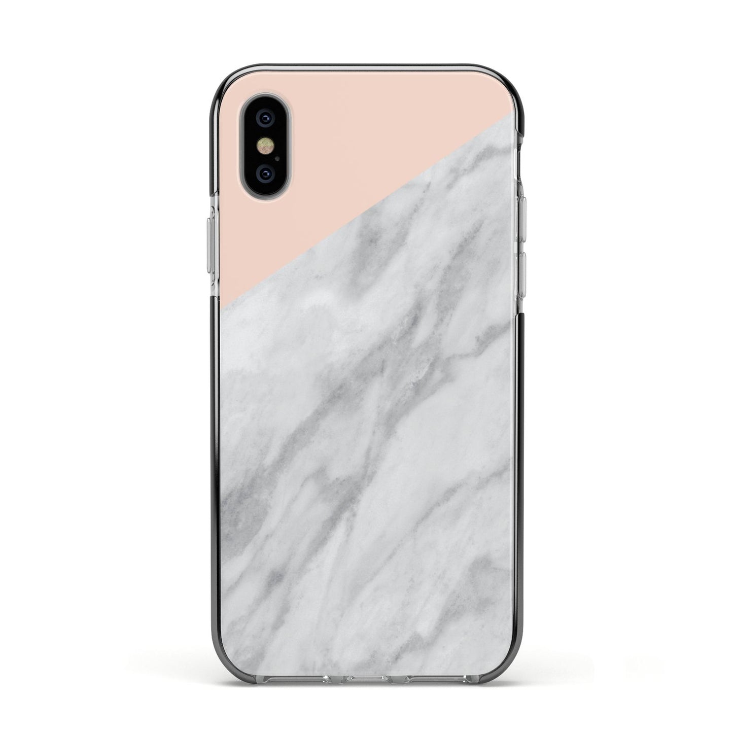 Marble Pink White Grey Apple iPhone Xs Impact Case Black Edge on Silver Phone