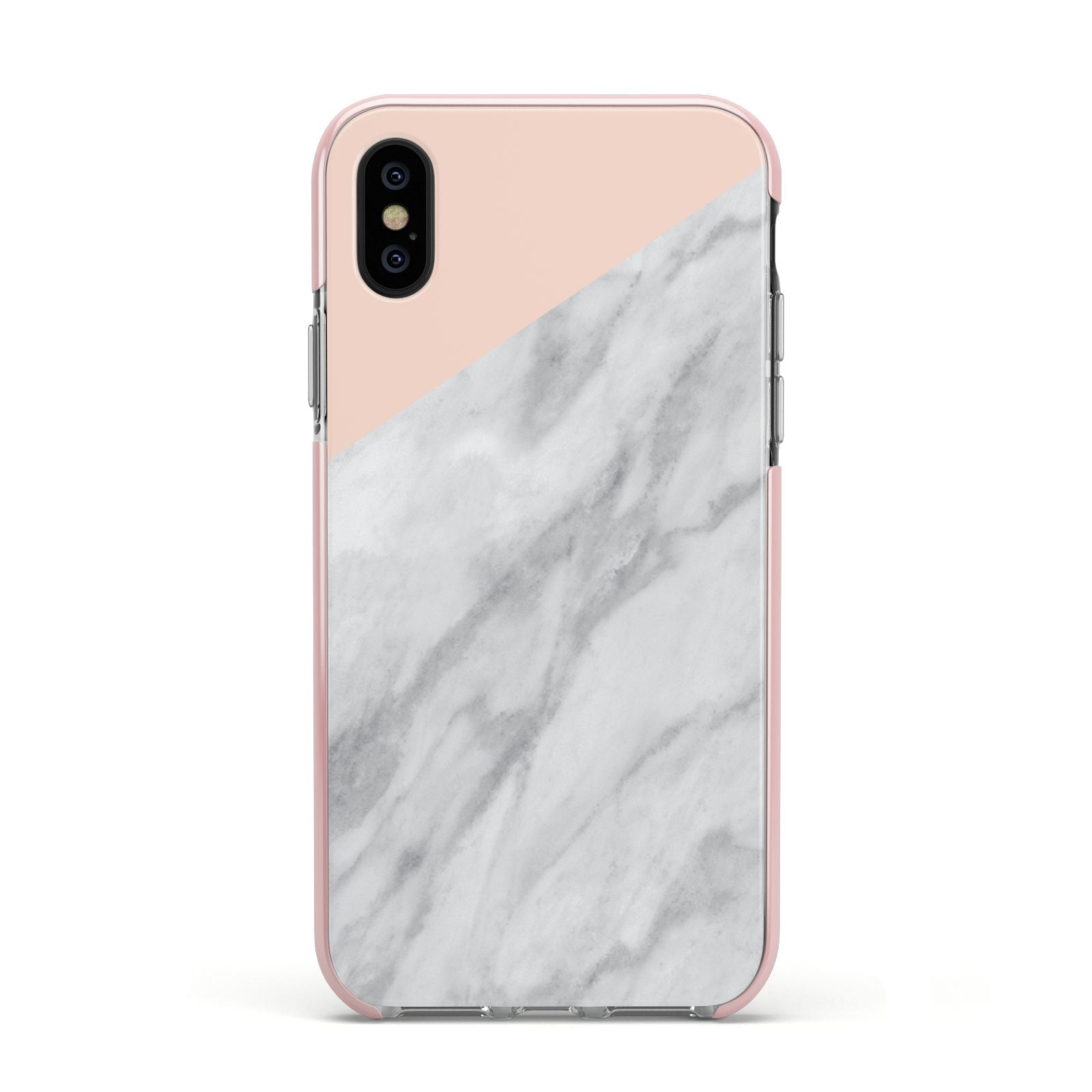 Marble Pink White Grey Apple iPhone Xs Impact Case Pink Edge on Black Phone