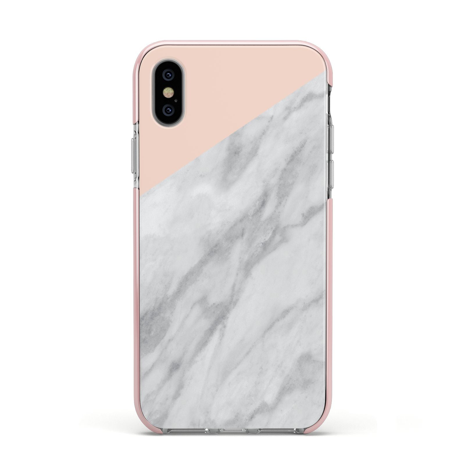 Marble Pink White Grey Apple iPhone Xs Impact Case Pink Edge on Silver Phone
