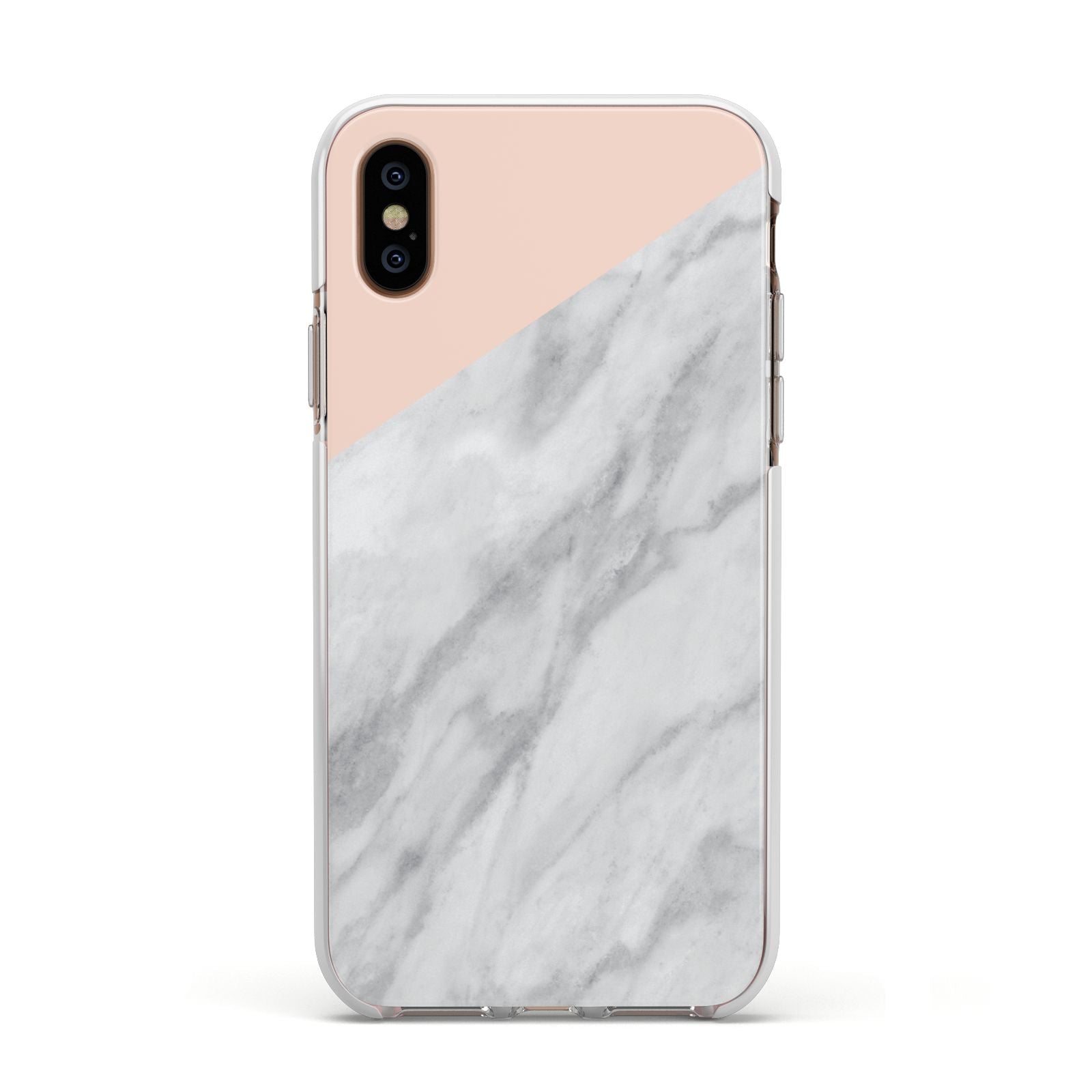Marble Pink White Grey Apple iPhone Xs Impact Case White Edge on Gold Phone