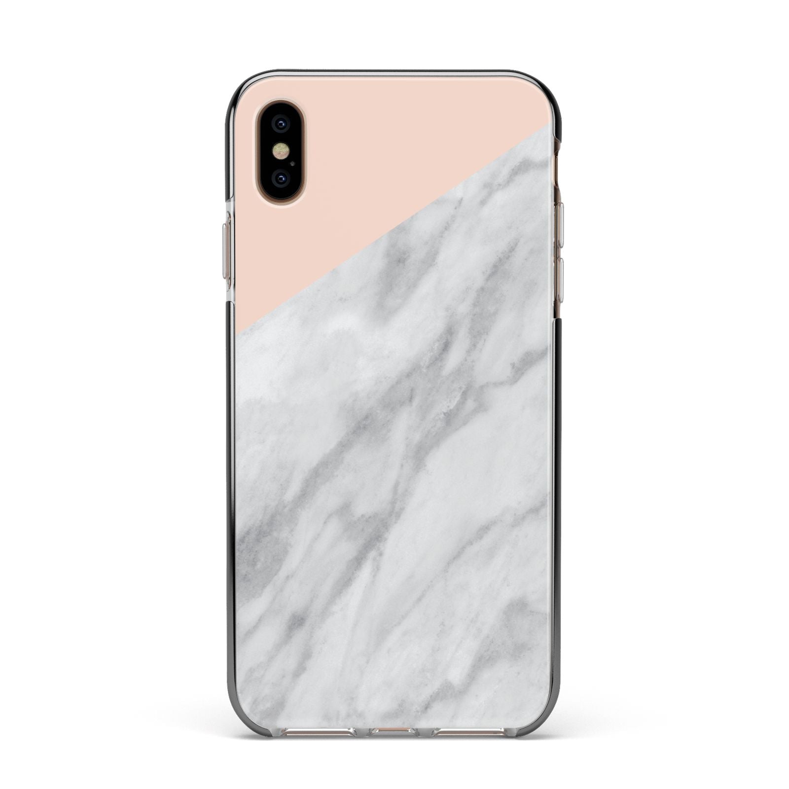 Marble Pink White Grey Apple iPhone Xs Max Impact Case Black Edge on Gold Phone