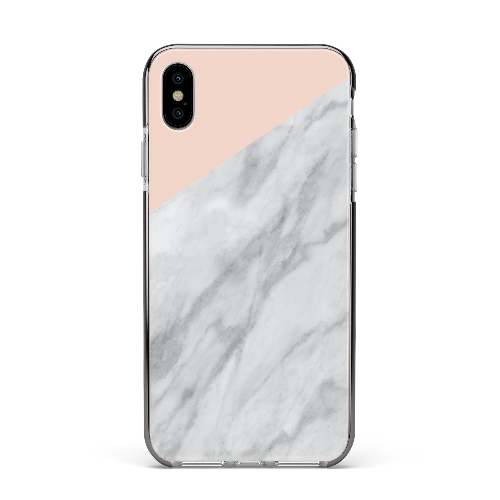Marble Pink White Grey Apple iPhone Xs Max Impact Case Black Edge on Silver Phone